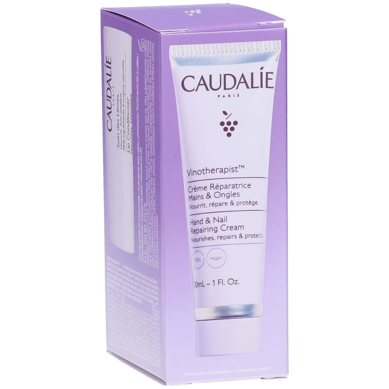Caudalie Hand- und Nagelcreme in Tube. Weiß mit lila Akzenten. Produktname und Logo deutlich sichtbar.