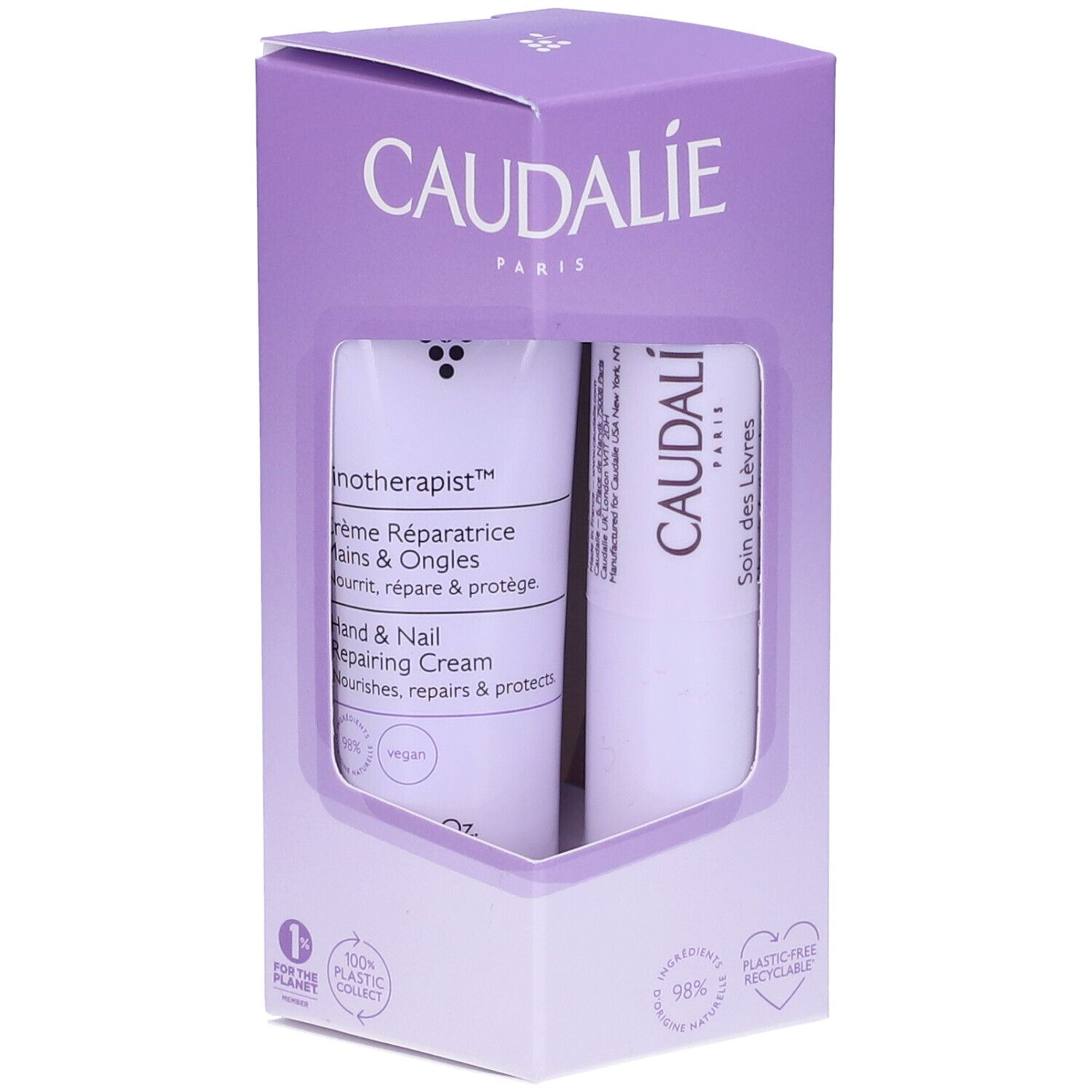 Caudalie-Geschenkset mit Hand- und Nagelcreme und Lippenbalsam. Lila Verpackung mit Produktnamen und Logos.