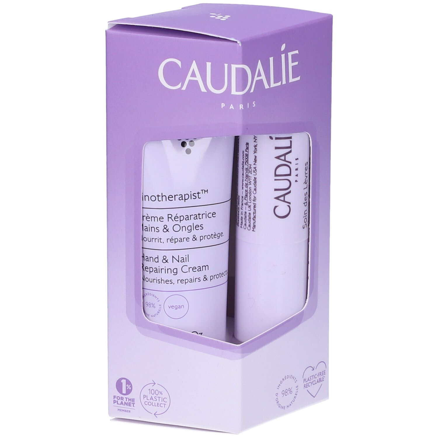 Caudalie-Geschenkset mit Hand- und Nagelcreme und Lippenbalsam. Lila Verpackung mit Produktnamen und Logos.