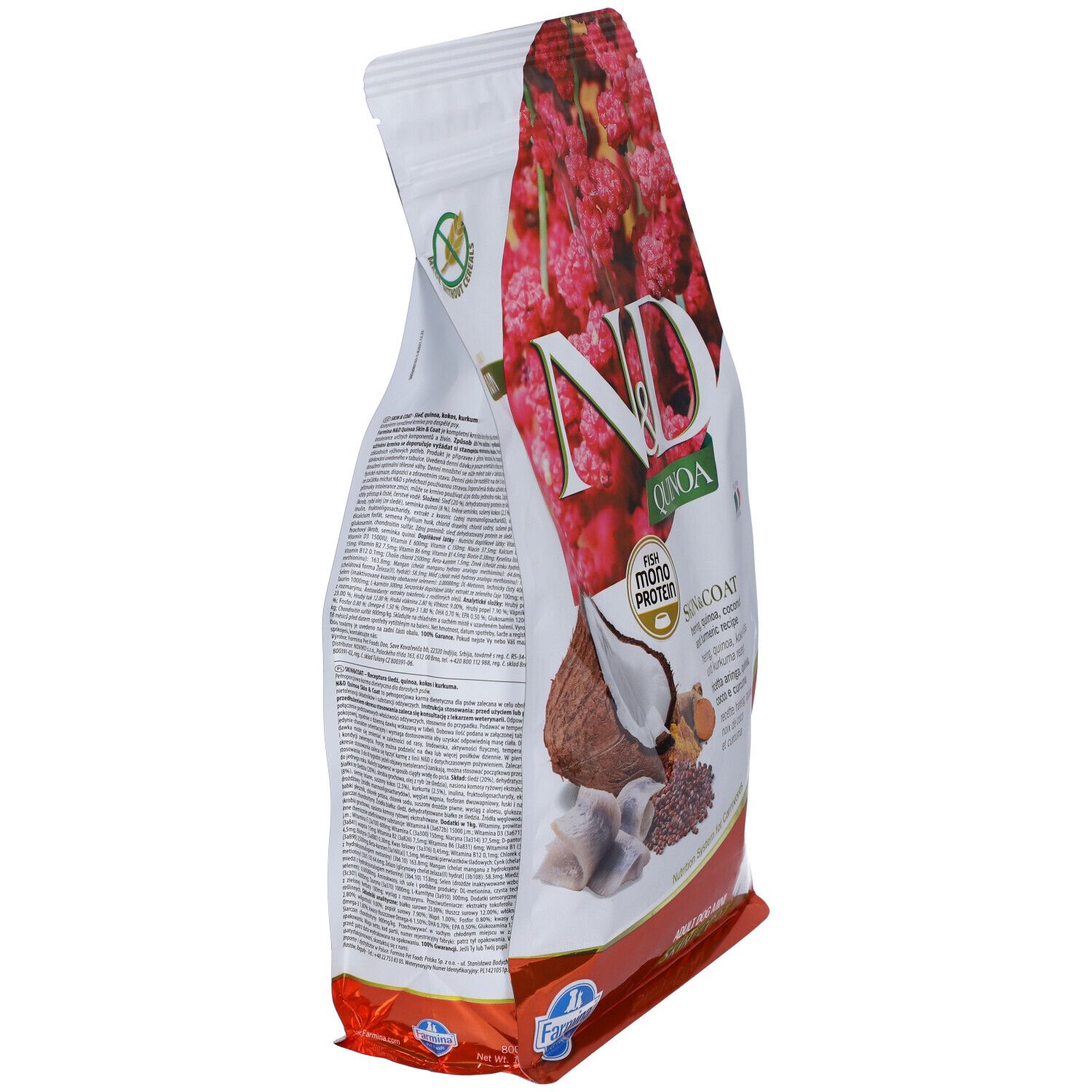 Seitenansicht der Trockenfutterverpackung. Aufdruck: N&D Quinoa, Fisch, Skin & Coat. Abbildung: Kokosnuss, Fisch, Quinoa.