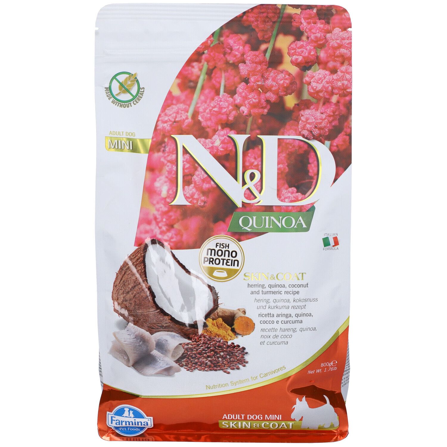 Trockenfutterverpackung. Aufdruck: N&D Quinoa, Fisch, Skin & Coat, Mini. Abbildung: Kokosnuss, Fisch, Quinoa.
