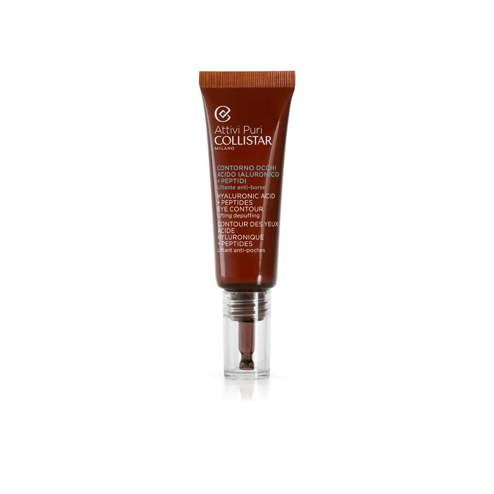 Braune Tube mit Applikator. Text: Attivi Puri, Contorno Occhi Acido Ialuronico + Peptidi.