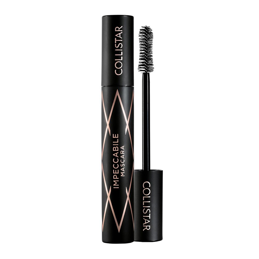 Schwarze Mascara-Tube mit roségoldenem geometrischem Muster und Applikator. Marke: Collistar.