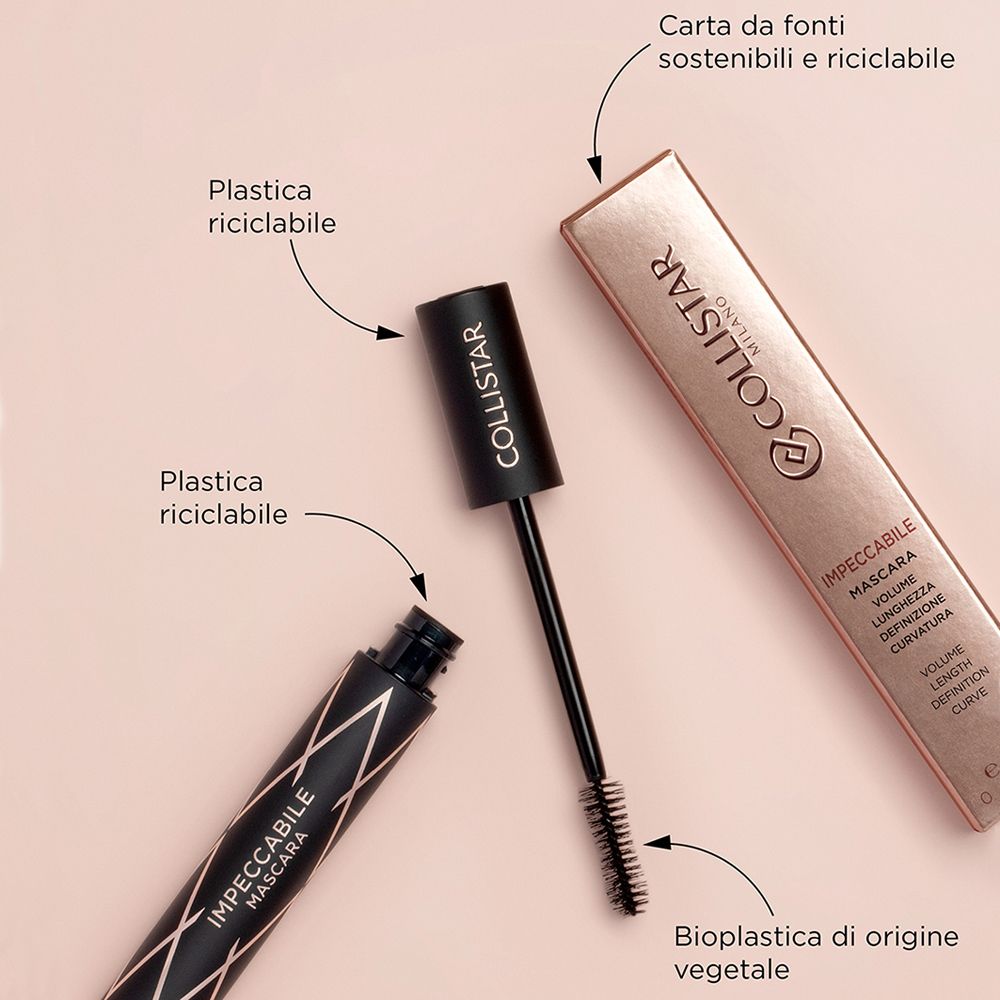 Collistar Impeccabile Mascara in schwarzer Verpackung mit roséfarbener Hülse. Recycelbare Kunststoffe und Papier.