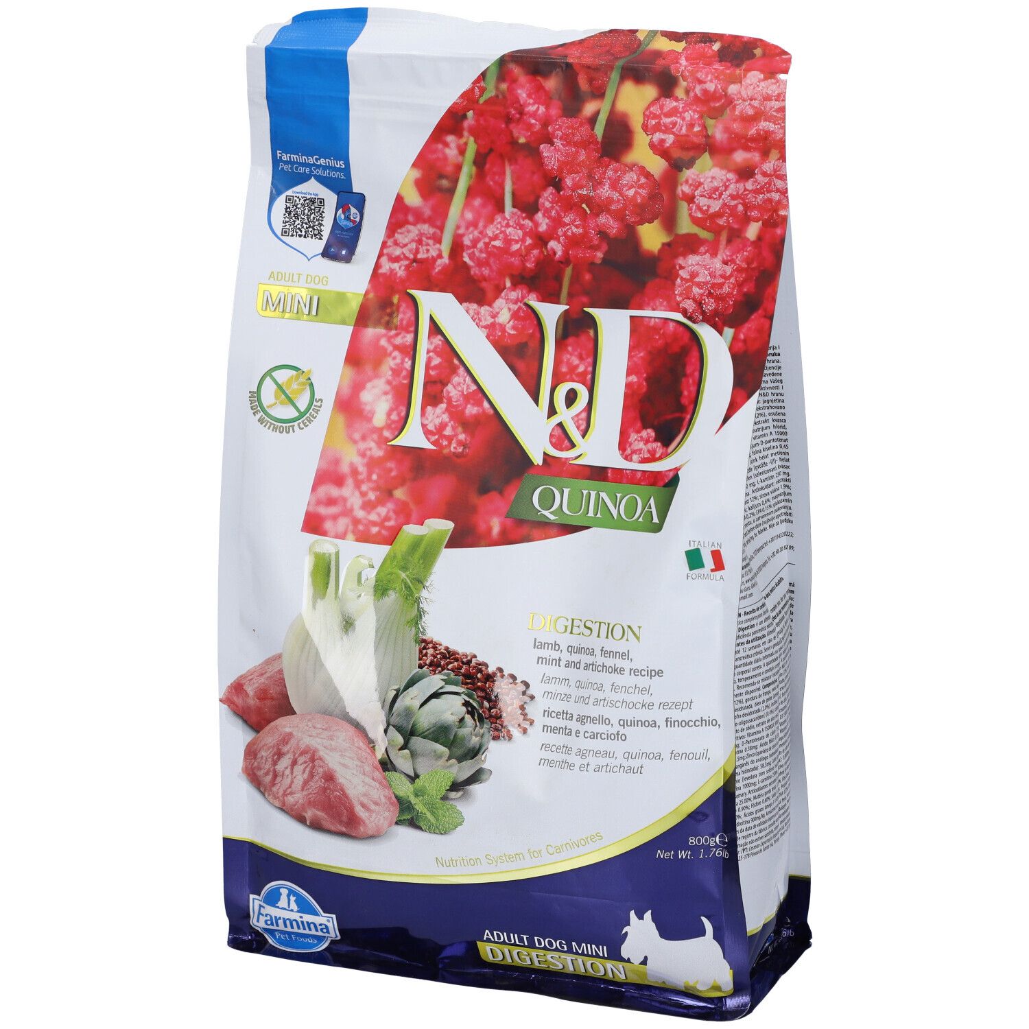 Verpackung Trockenfutter. Aufdruck: N&D Quinoa, Zutaten, Logo Farmina. Abbildung von Zutaten: Fleisch, Fenchel, Artischocke.
