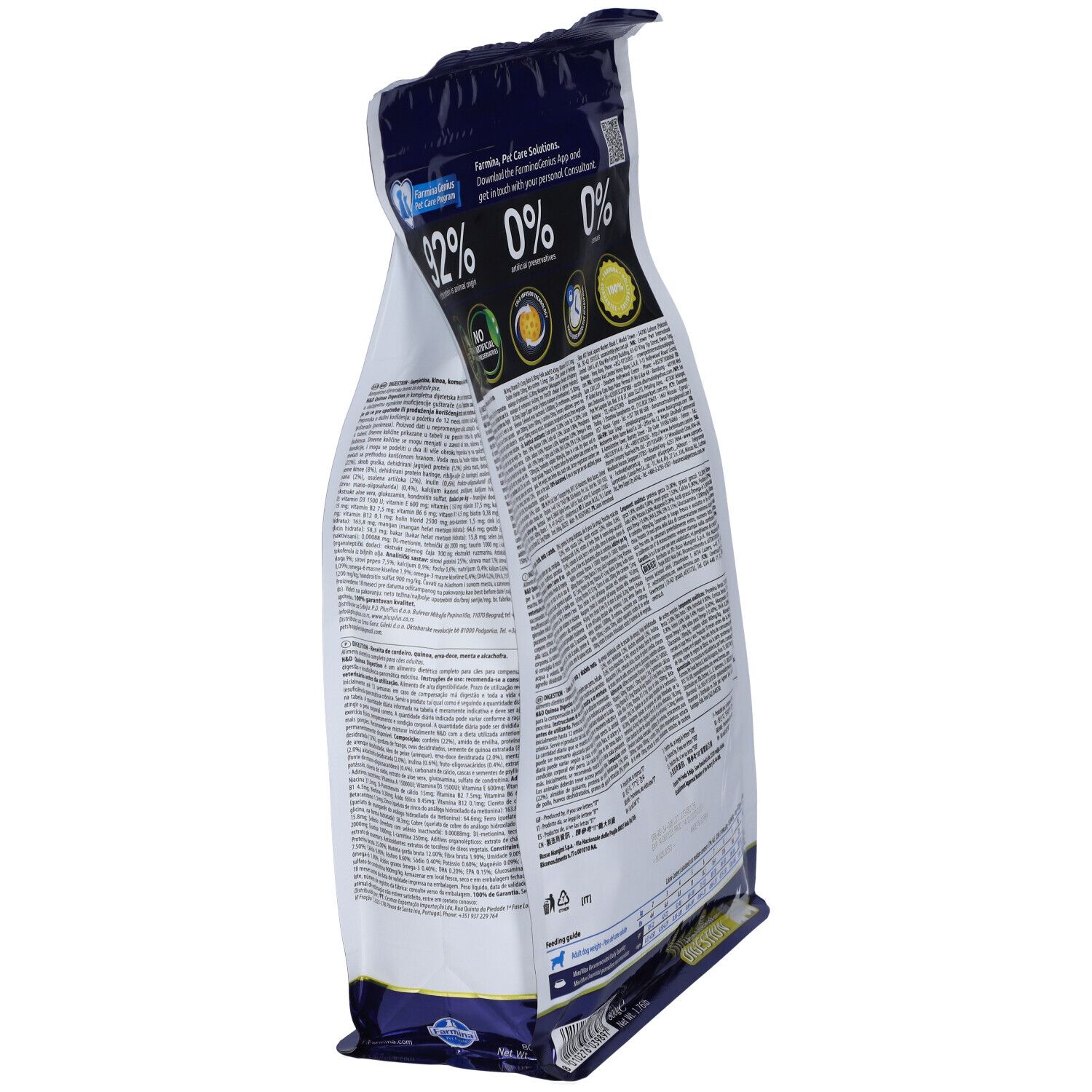 Trockenfutter-Verpackung, schräge Rückansicht. Text in mehreren Sprachen. Logos und Informationen zu Inhaltsstoffen und Nährwerten.