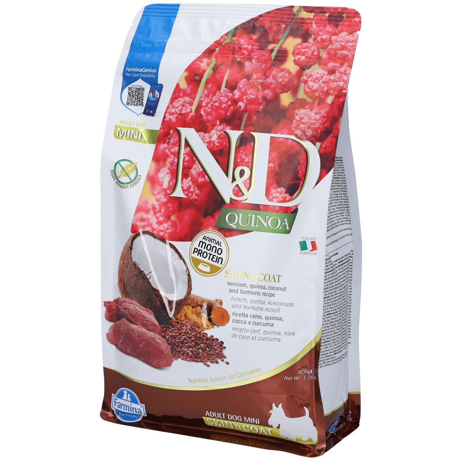 Verpackung Trockenfutter. Aufdruck: N&D Quinoa, Skin & Coat, Adult Dog Mini. Abbildung von Zutaten: Fleisch, Kokosnuss, Quinoa.
