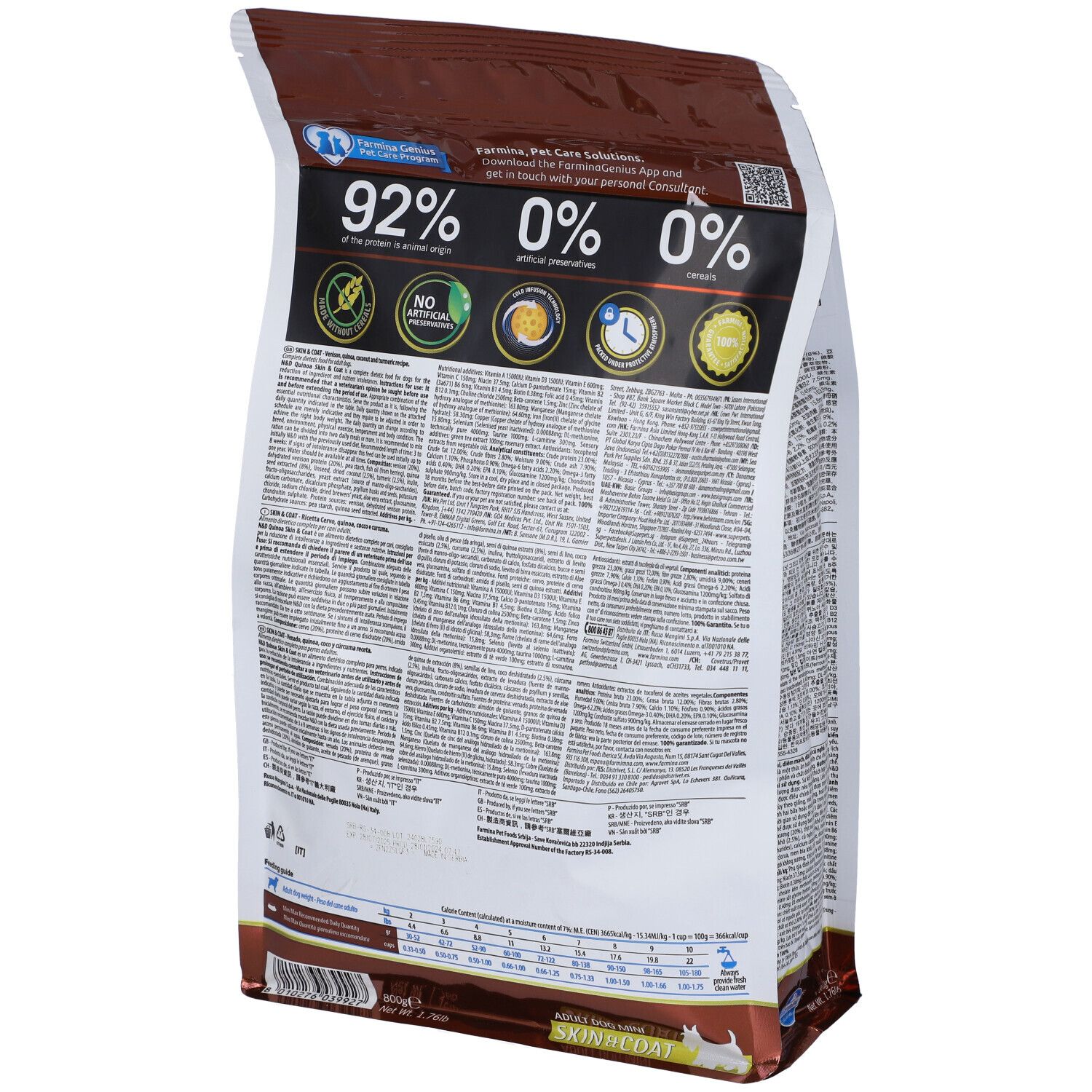 Rückseite der Trockenfutter-Verpackung. Textinformationen, Nährwertangaben, Zutatenliste. Farmina Logo. 92% tierischen Ursprungs.