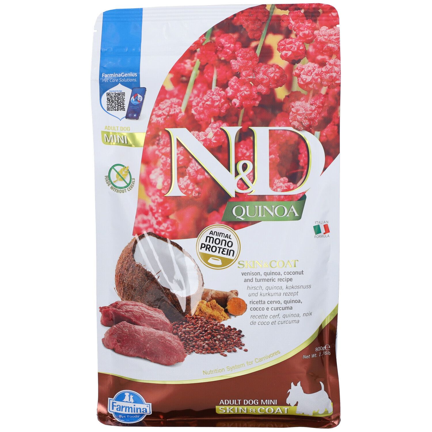 Trockenfutter-Verpackung. Aufdruck: N&D Quinoa, Skin & Coat, Adult Dog Mini. Abbildung von Zutaten: Fleisch, Kokosnuss, Quinoa. Farmina Logo.