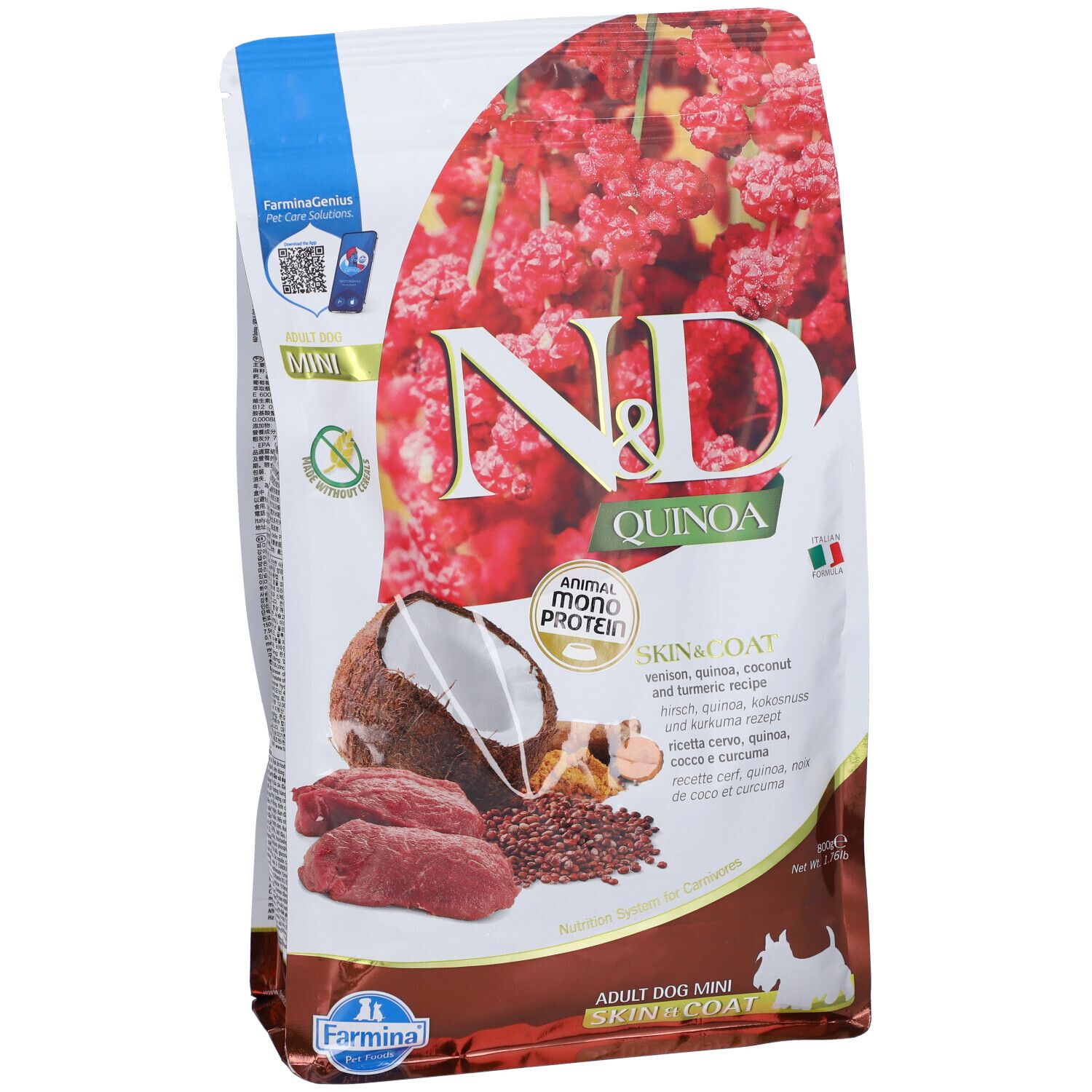Trockenfutter-Verpackung. Aufdruck: N&D Quinoa, Skin & Coat, Adult Dog Mini. Abbildung von Zutaten: Fleisch, Kokosnuss, Quinoa. Farmina Logo.