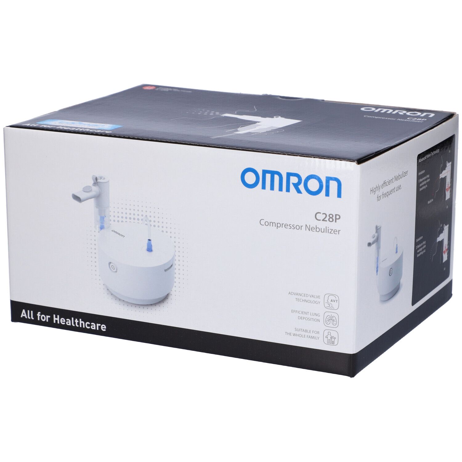 OMRON C28P Kompressor-Vernebler. Verpackung mit Produktabbildung. Text: "All for Healthcare".