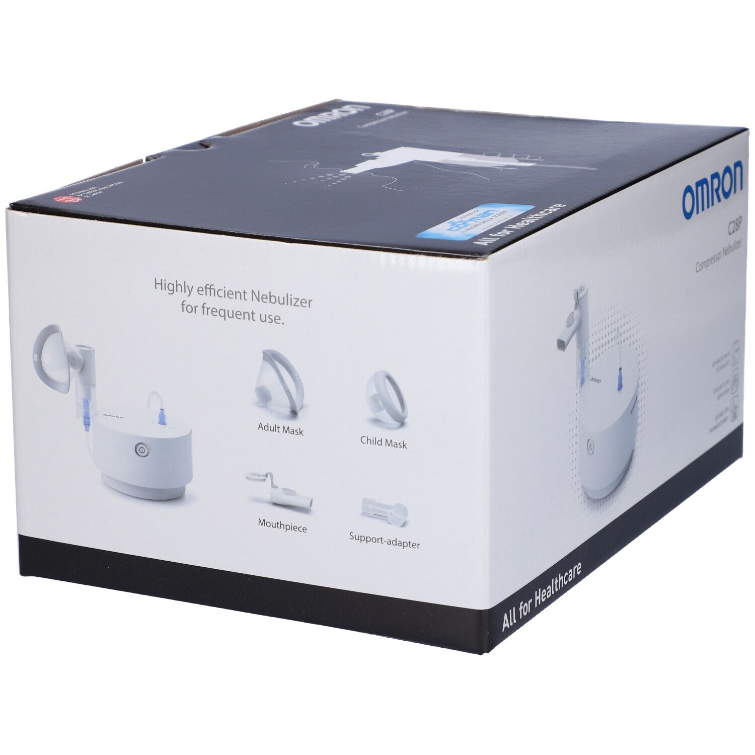 OMRON C28P Verpackung. Abbildungen von Zubehör: Masken, Mundstück, Adapter. Text: "All for Healthcare".