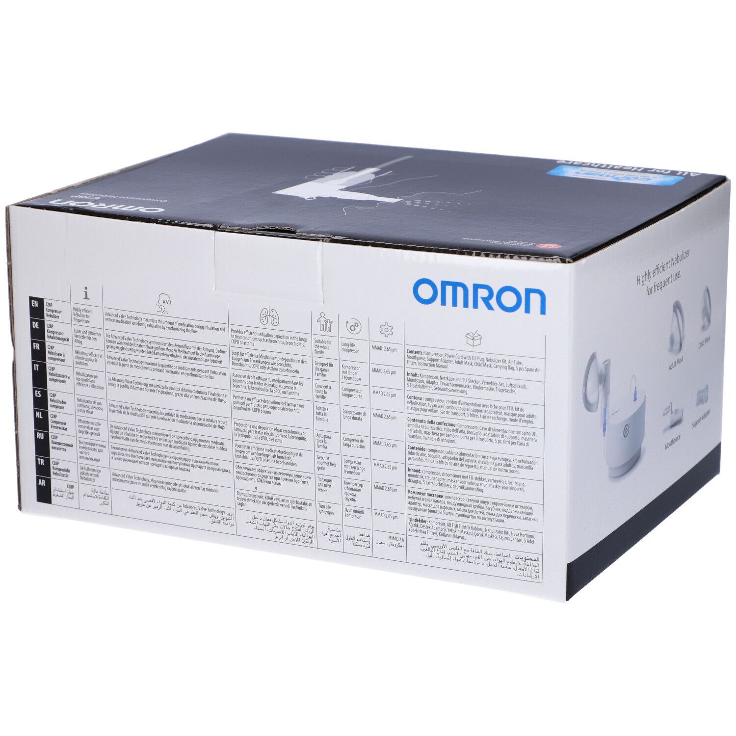 OMRON C28P Verpackung. Text in mehreren Sprachen. Produktabbildung. Text: "All for Healthcare".