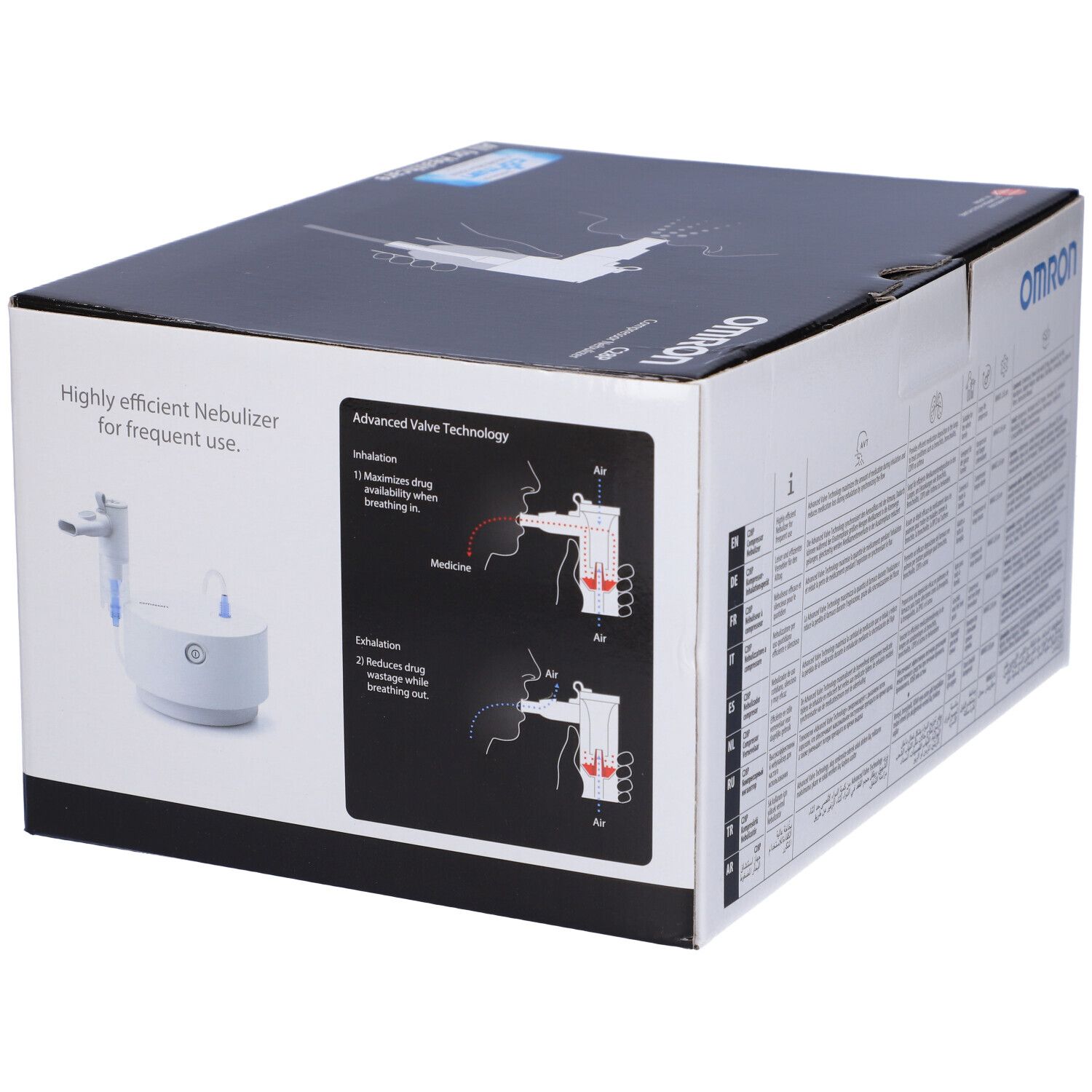 OMRON C28P Verpackung. Diagramm zur Funktionsweise. Text: "All for Healthcare".