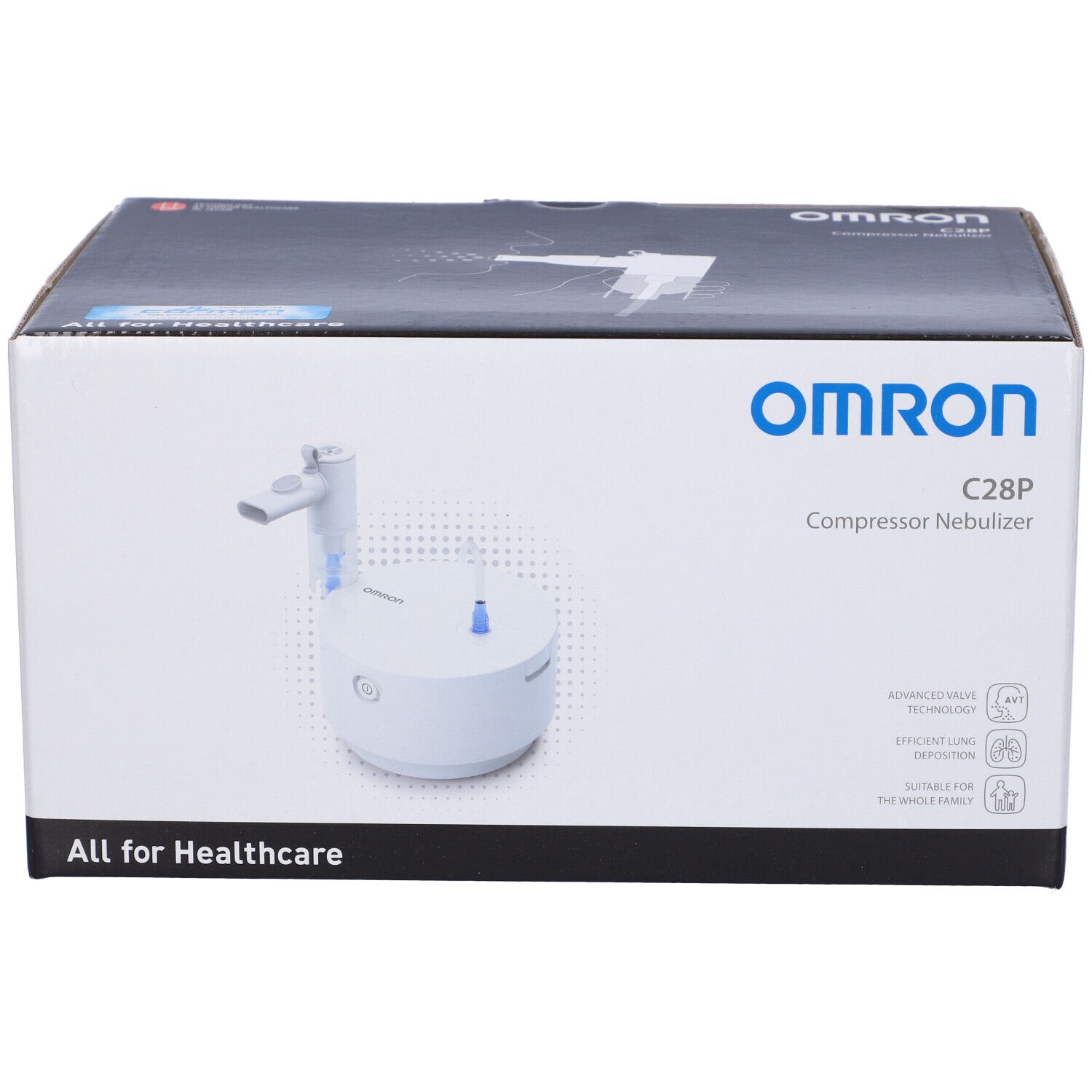 OMRON C28P Kompressor-Vernebler. Verpackung mit Produktabbildung. Text: "All for Healthcare".