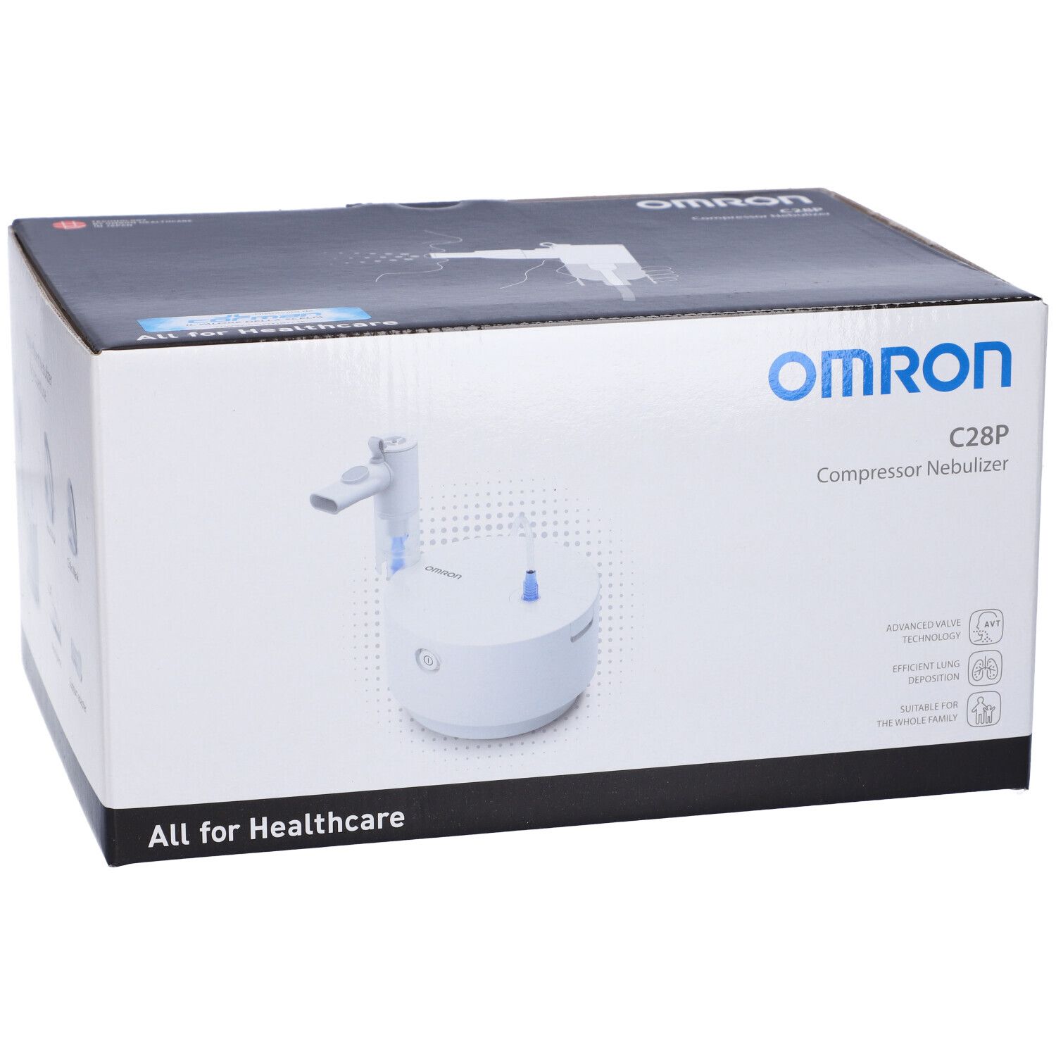 OMRON C28P Kompressor-Vernebler. Verpackung mit Produktabbildung. Text: "All for Healthcare".