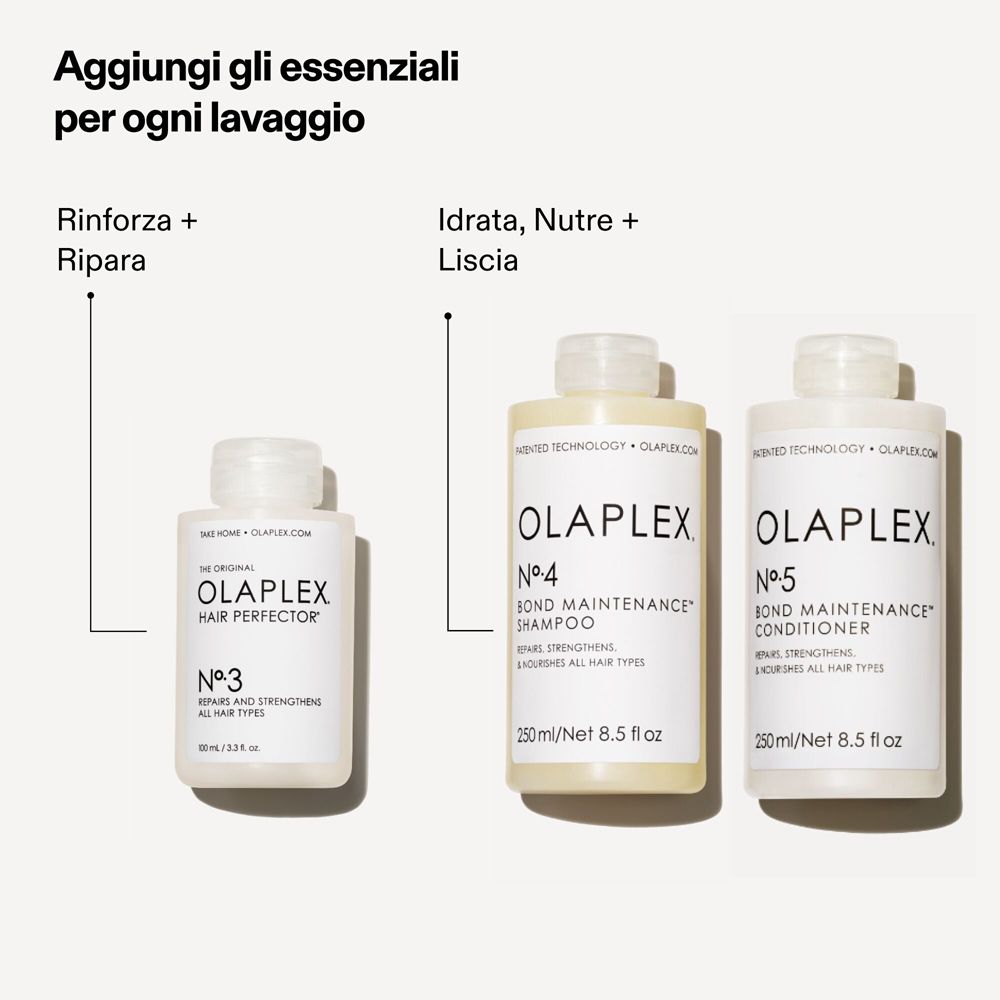 Drei Olaplex-Produkte. No. 3, No. 4, No. 5. Flaschen mit Etiketten. Text.