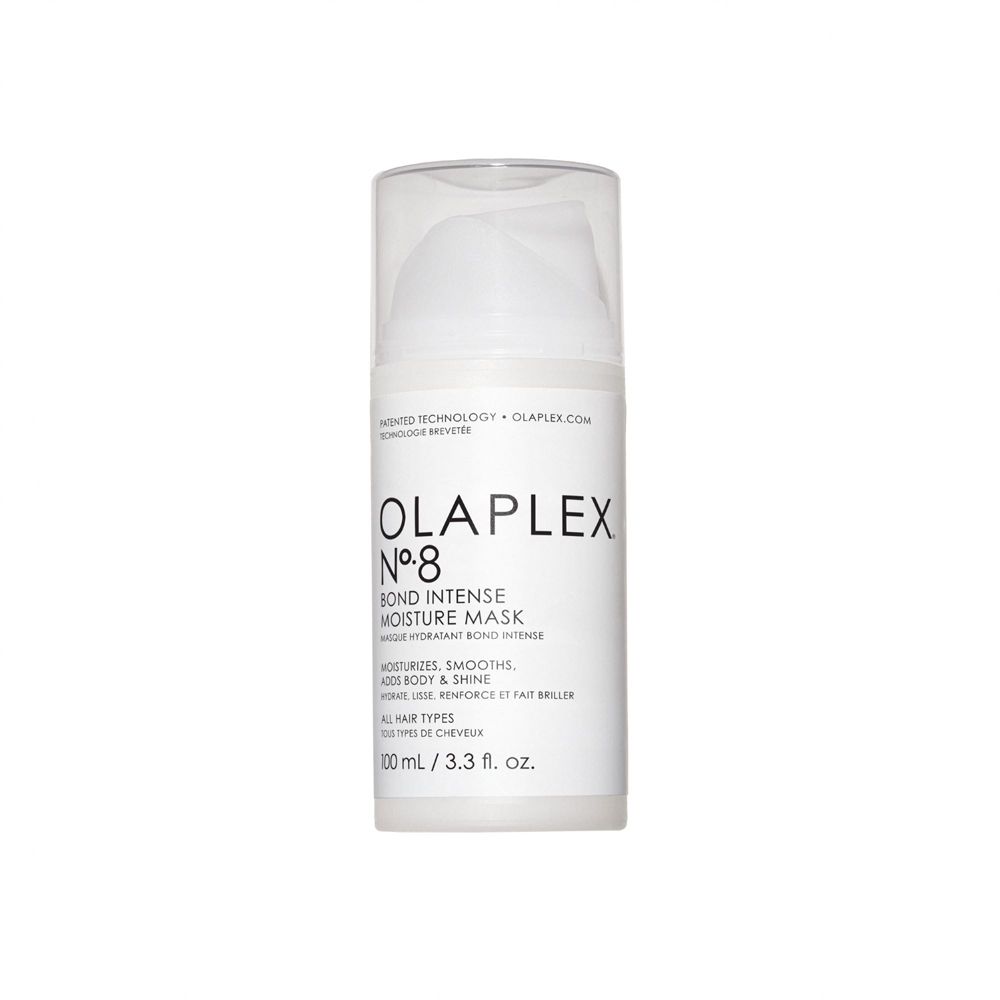 Weiße Flasche mit Klappdeckel. Aufschrift: Olaplex Nr. 8 Bond Intense Moisture Mask. Text in Englisch und Französisch.