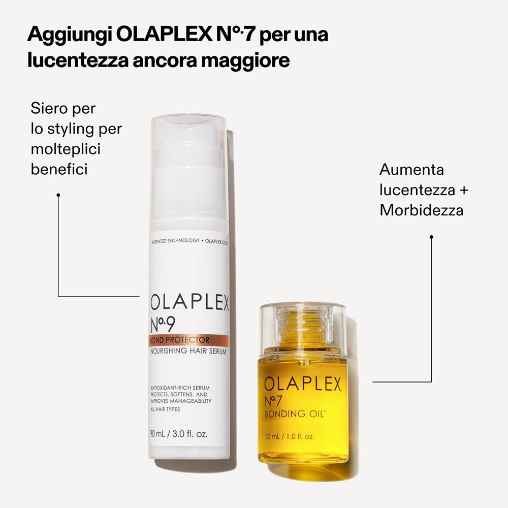 Zwei Produkte: Olaplex No.9 und No.7. Text und Pfeile zeigen die Vorteile.