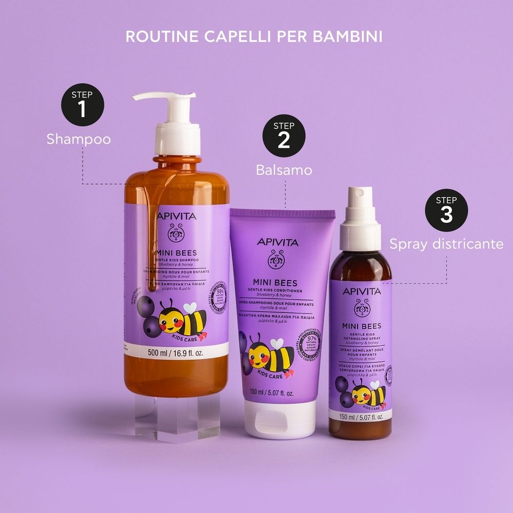 APIVITA Mini Bees Shampoo, Spülung und Spray. Lila Verpackung. Produktnamen und Illustrationen. Routine für Kinder.