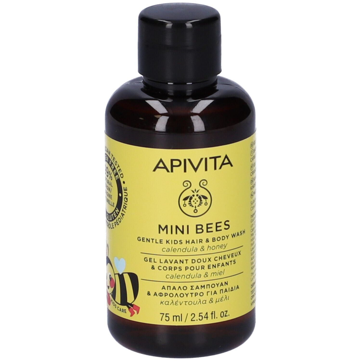 Braune Flasche mit gelbem Etikett. Aufschrift: APIVITA, Mini Bees, sanftes Haar- & Körperwaschgel für Kinder. 75 ml.