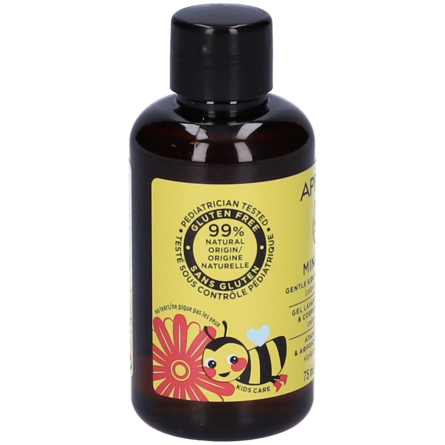 Braune Flasche mit gelbem Etikett. Aufschrift: 99% natürliche Herkunft, glutenfrei. Abbildung einer Biene und Blume.