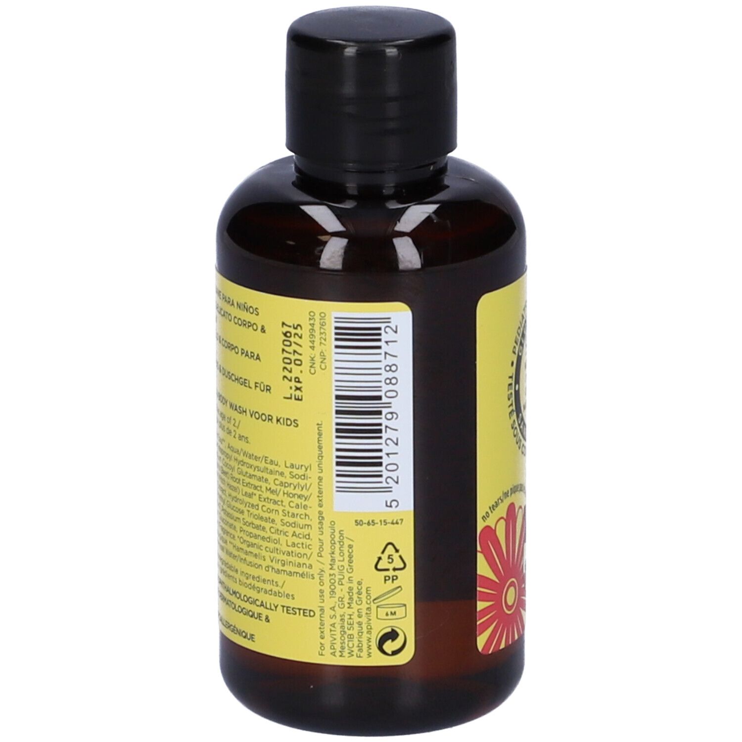 Rückseite einer braunen Flasche mit gelbem Etikett. Barcode und Inhaltsstoffe sind sichtbar. Herstellerinformationen.