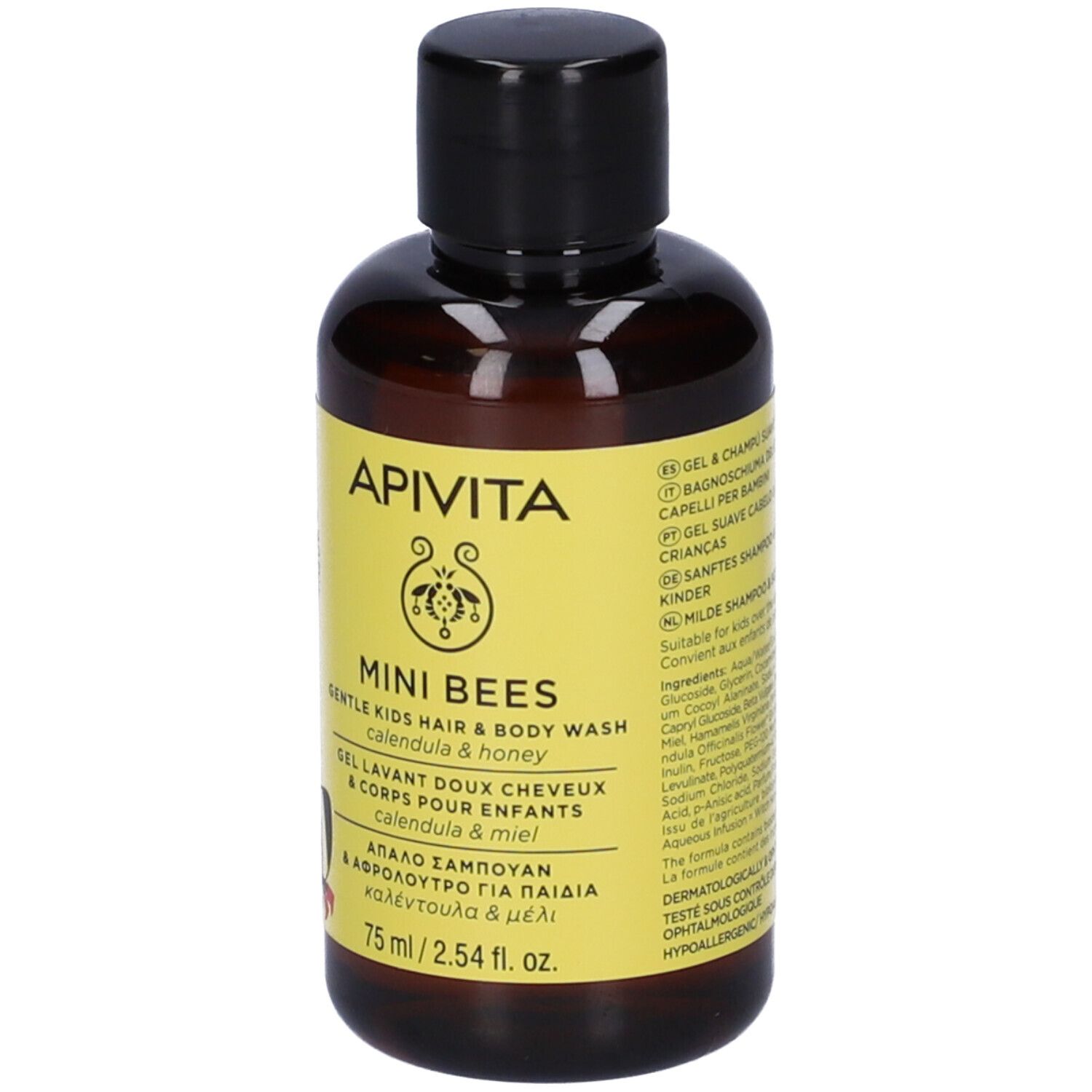 Braune Flasche mit gelbem Etikett. Aufschrift: APIVITA, Mini Bees, sanftes Haar- & Körperwaschgel für Kinder. 75 ml.