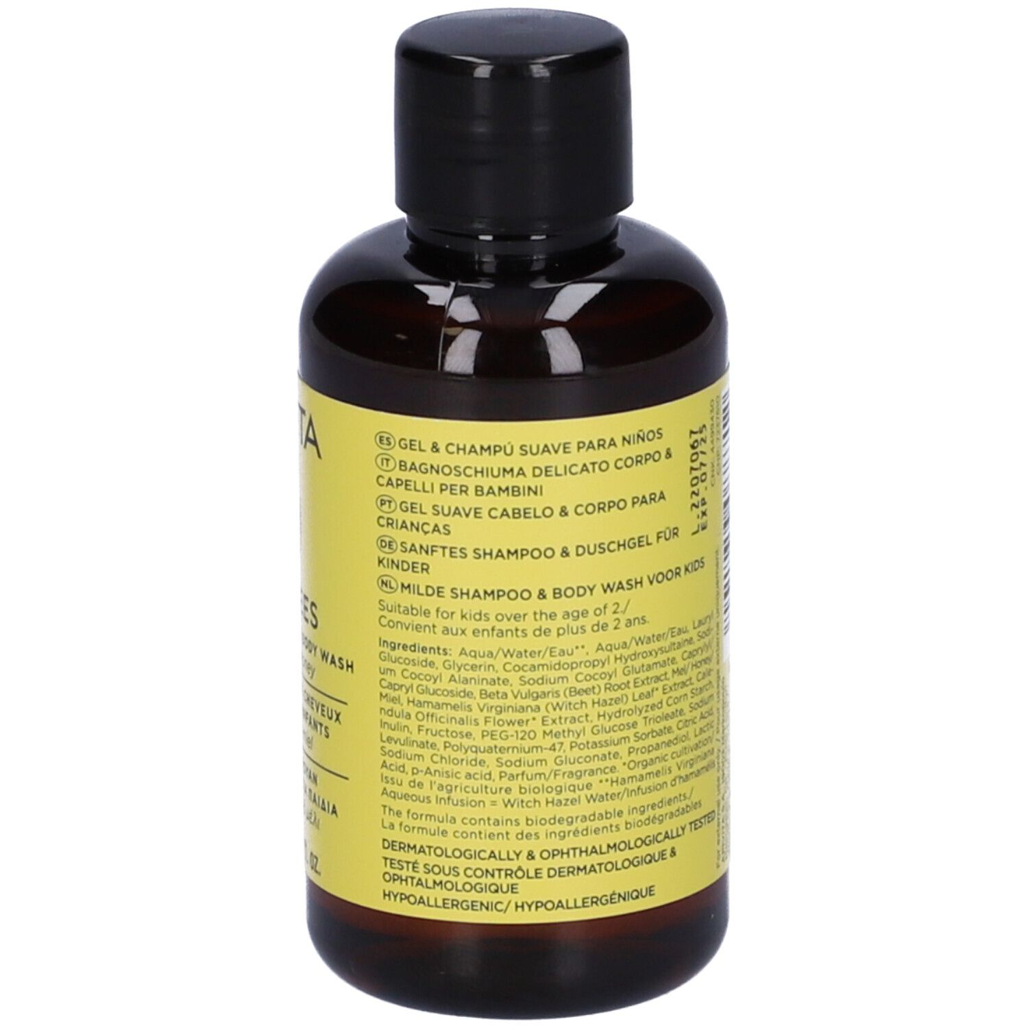 Rückseite einer braunen Flasche mit gelbem Etikett. Inhaltsstoffe und Herstellerinformationen sind sichtbar.