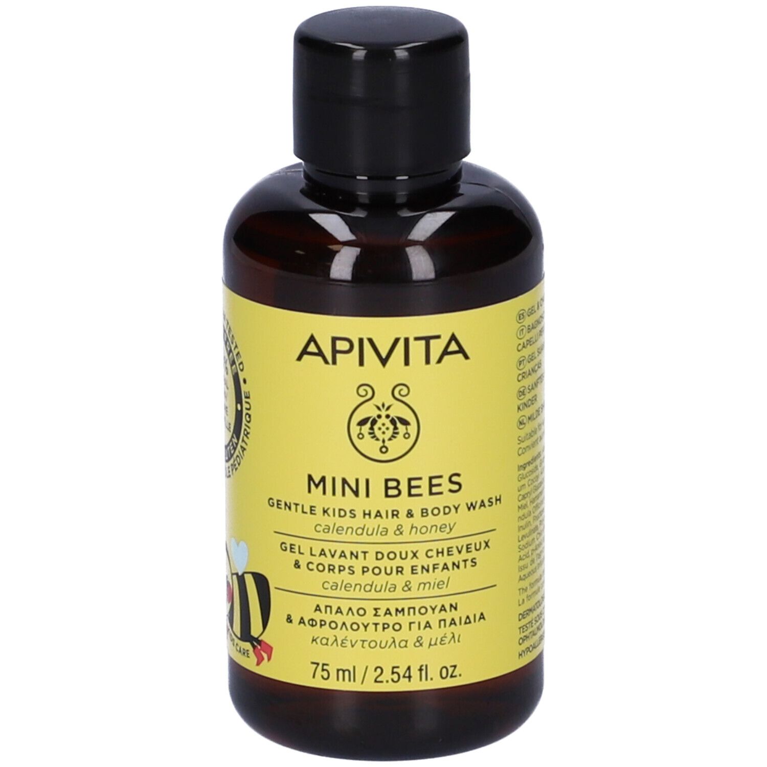 Braune Flasche mit gelbem Etikett. Aufschrift: APIVITA, Mini Bees, sanftes Haar- & Körperwaschgel für Kinder. 75 ml.