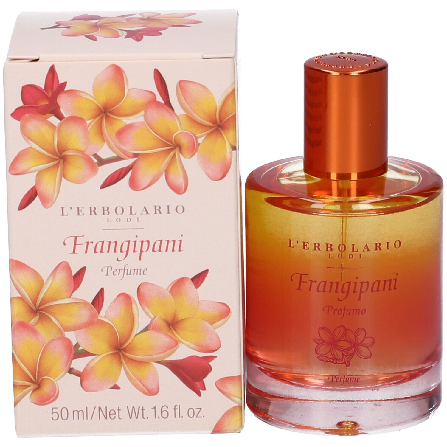 L'Erbolario Frangipani Parfümflasche und Karton mit Blumenmuster. 50 ml.