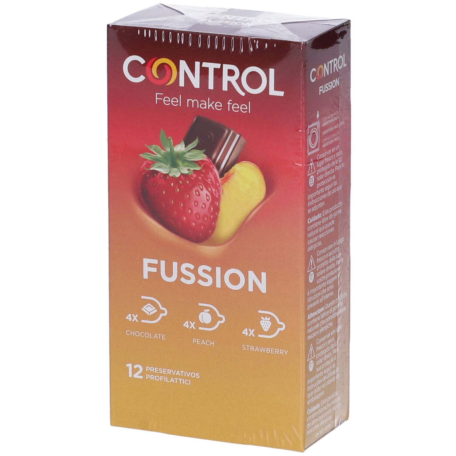 Packung Control Fussion Kondome mit Erdbeer-, Pfirsich- und Schokoladenduft. 12 Stück.