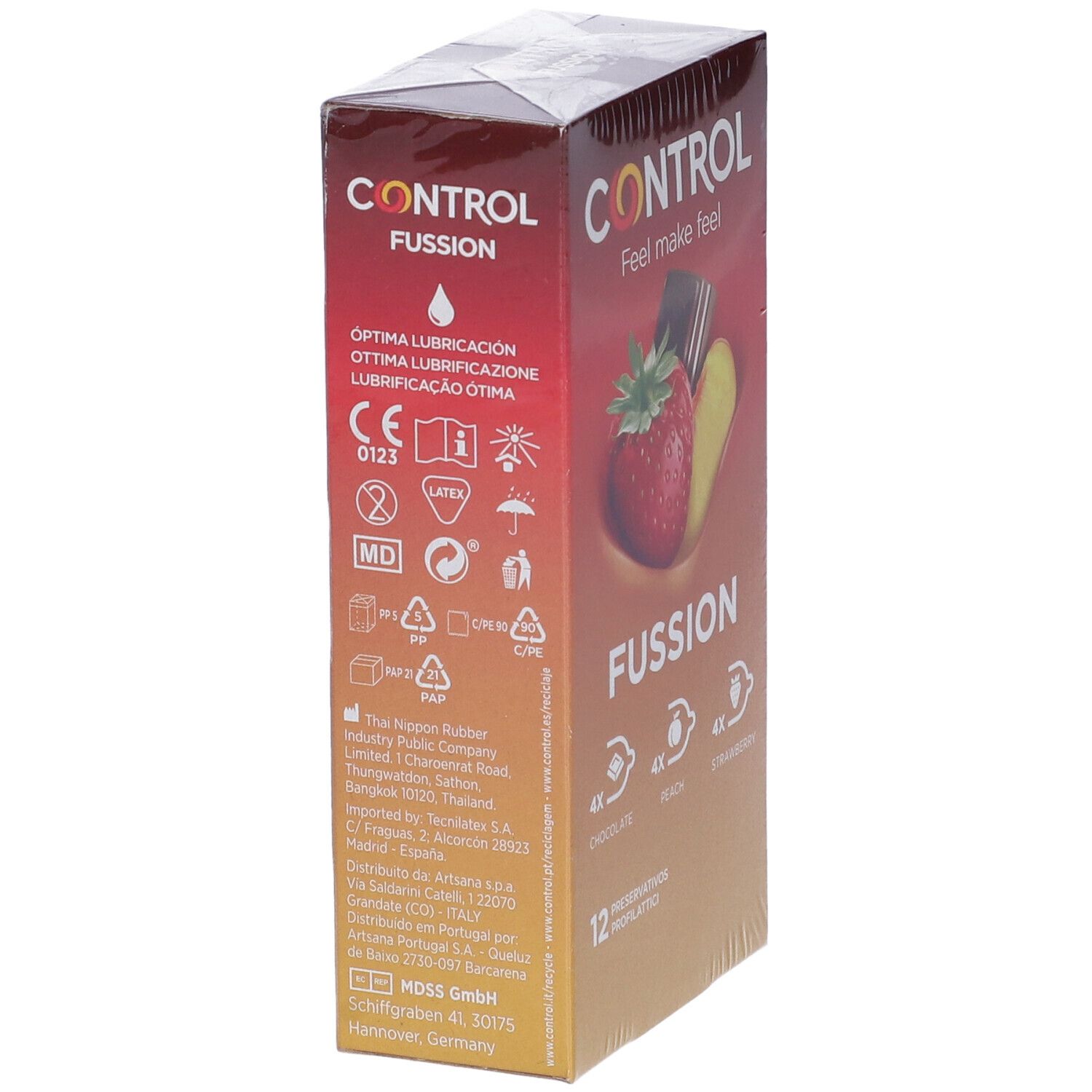 Seitenansicht der Control Fussion Kondom-Packung mit CE-Kennzeichnung und Produktinformationen.