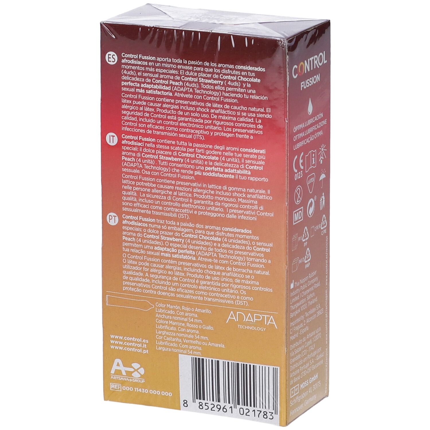 Rückseite der Control Fussion Kondom-Packung mit Produktbeschreibungen in mehreren Sprachen.