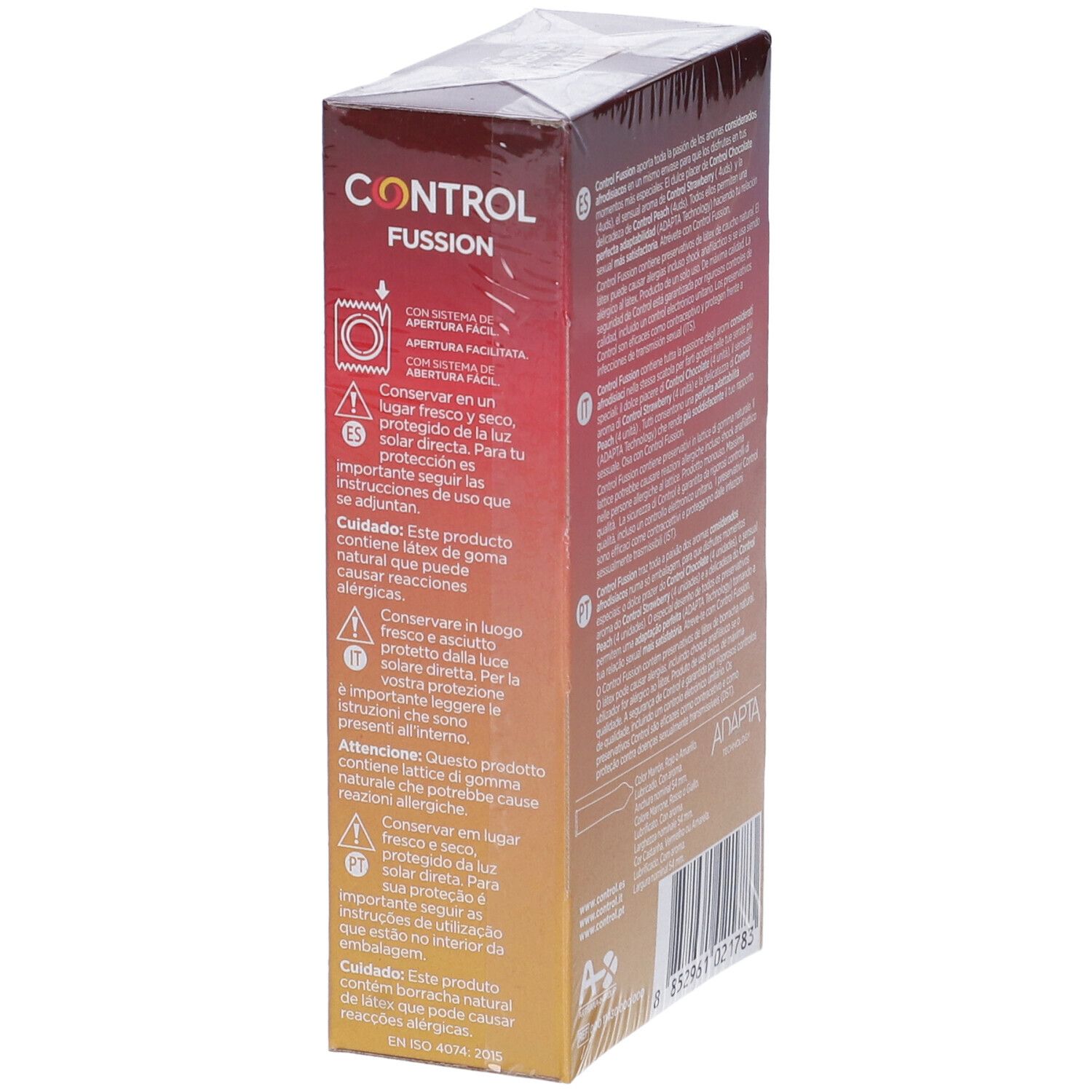 Seitenansicht der Control Fussion Kondom-Packung mit Lagerungs- und Anwendungshinweisen.