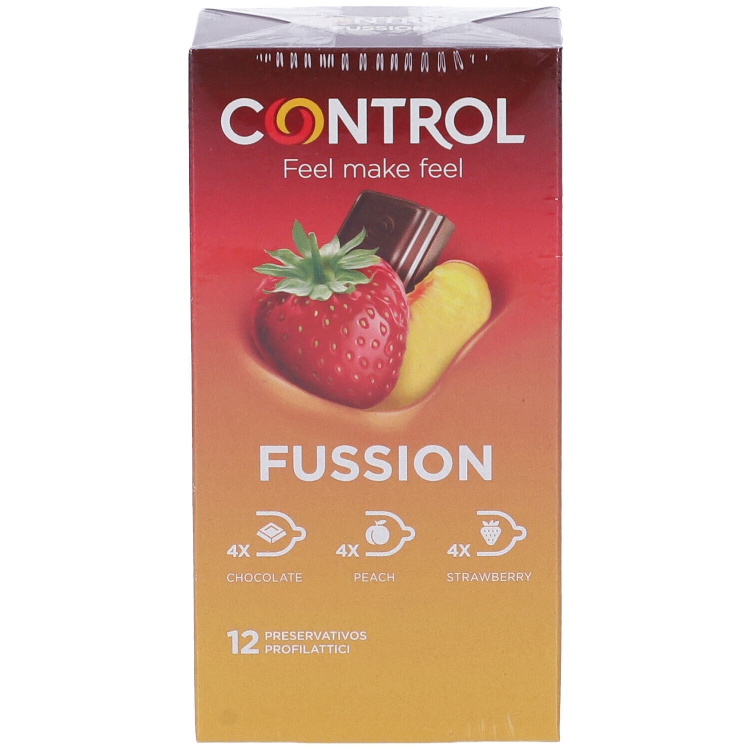 Packung Control Fussion Kondome mit Erdbeer-, Pfirsich- und Schokoladenduft. 12 Stück.