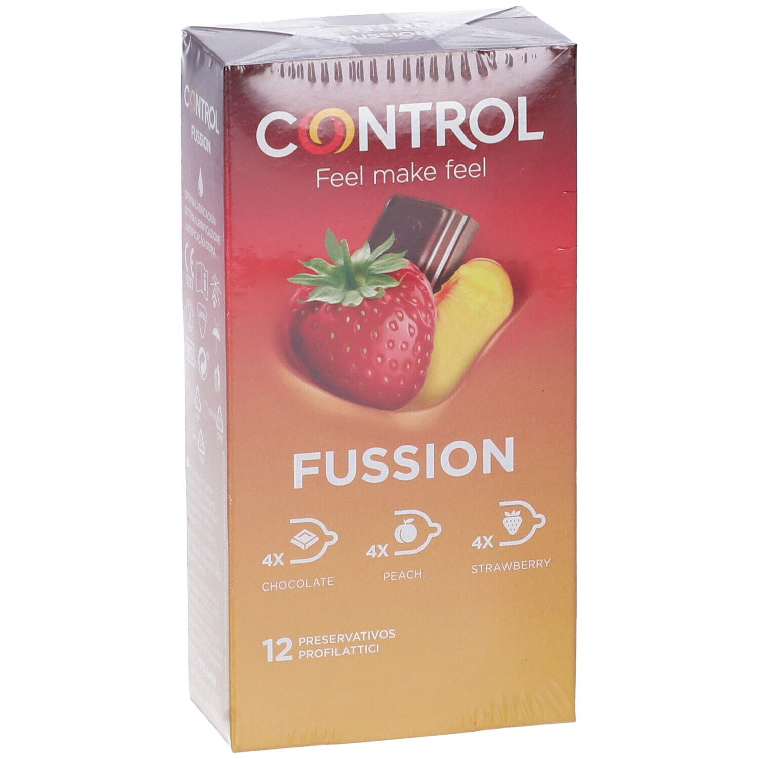 Packung Control Fussion Kondome mit Erdbeer-, Pfirsich- und Schokoladenduft. 12 Stück.