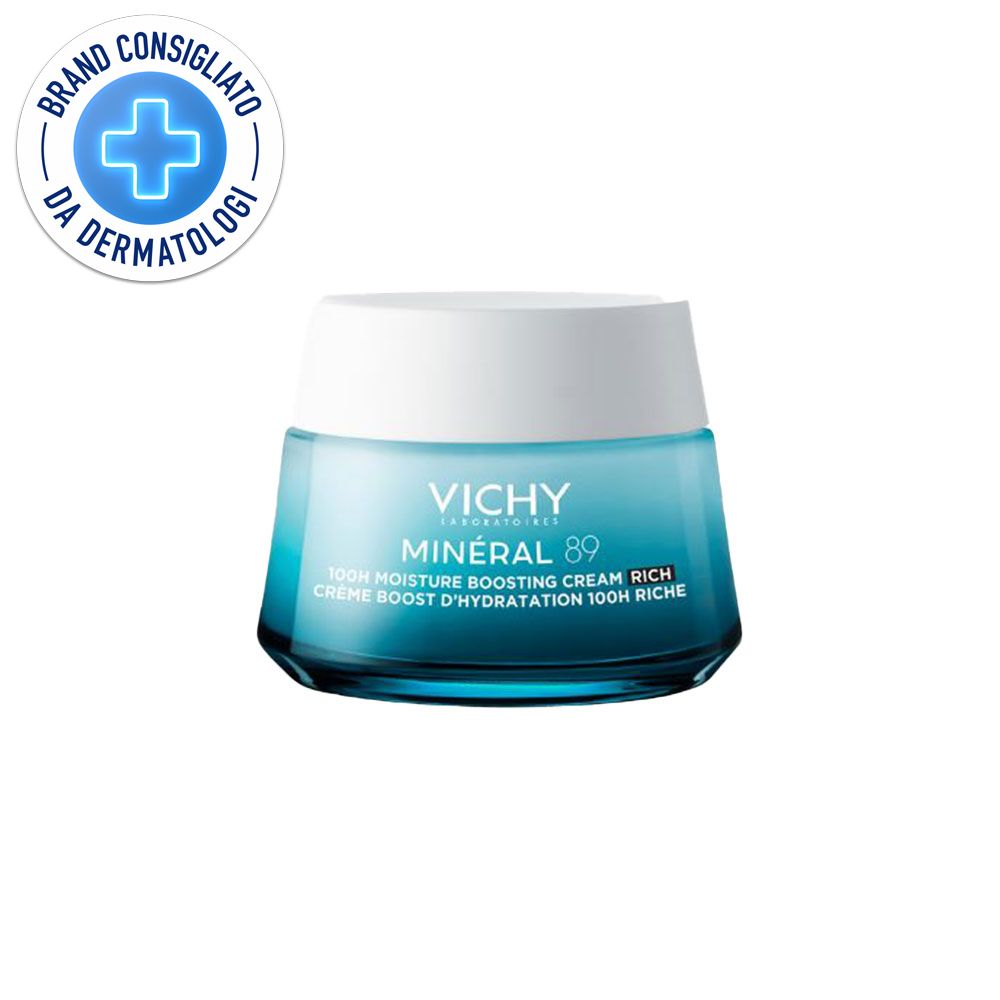 Creme-Tiegel mit weißem Deckel. Aufschrift: Vichy Minéral 89. Logo: Brand Consigliato da Dermatologi.