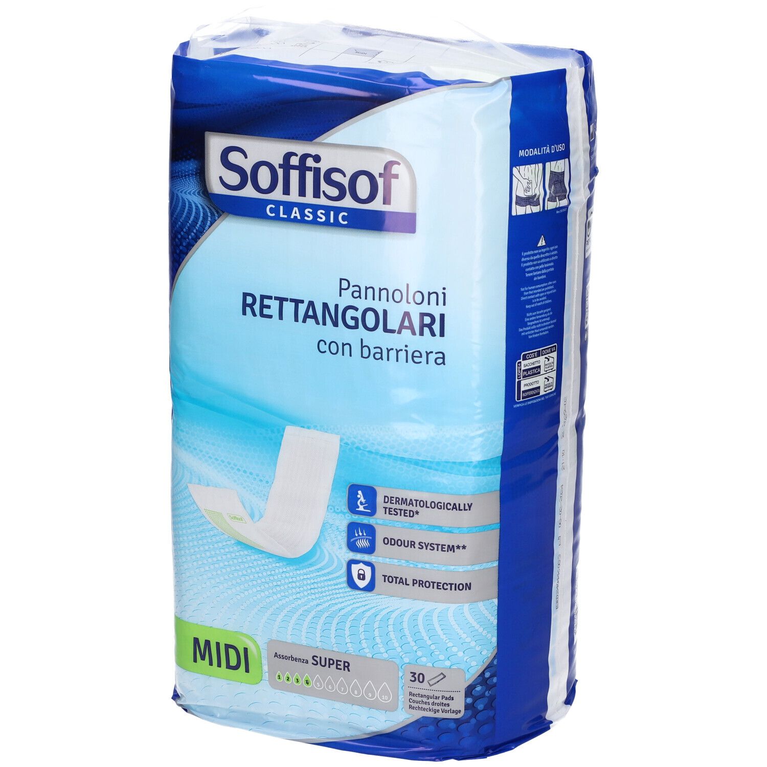 Verpackung Soffisof Classic. Panni rettangolari con barriera, Midi, 30 Stück. Dermatologisch getestet, Geruchssystem, Total Protection.