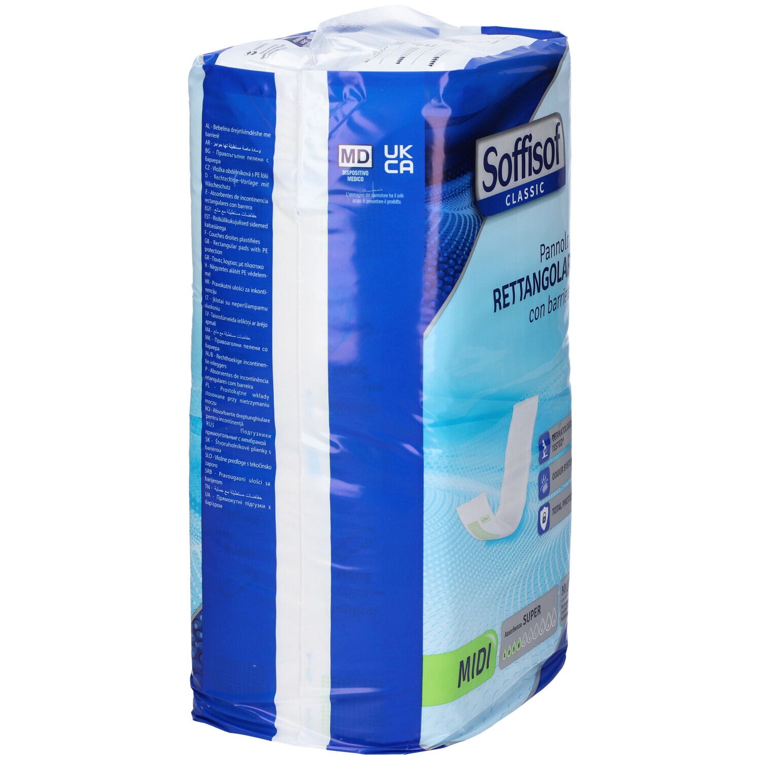 Verpackung Soffisof Classic. Panni rettangolari con barriera. Rückseite mit Informationen. Größe Midi, UK, CA.