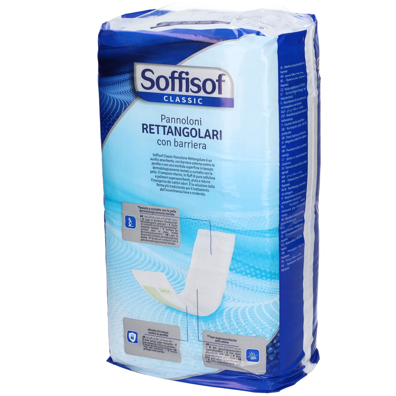 Verpackung Soffisof Classic. Panni rettangolari con barriera. Vorderseite mit Produktinformationen und Logo.