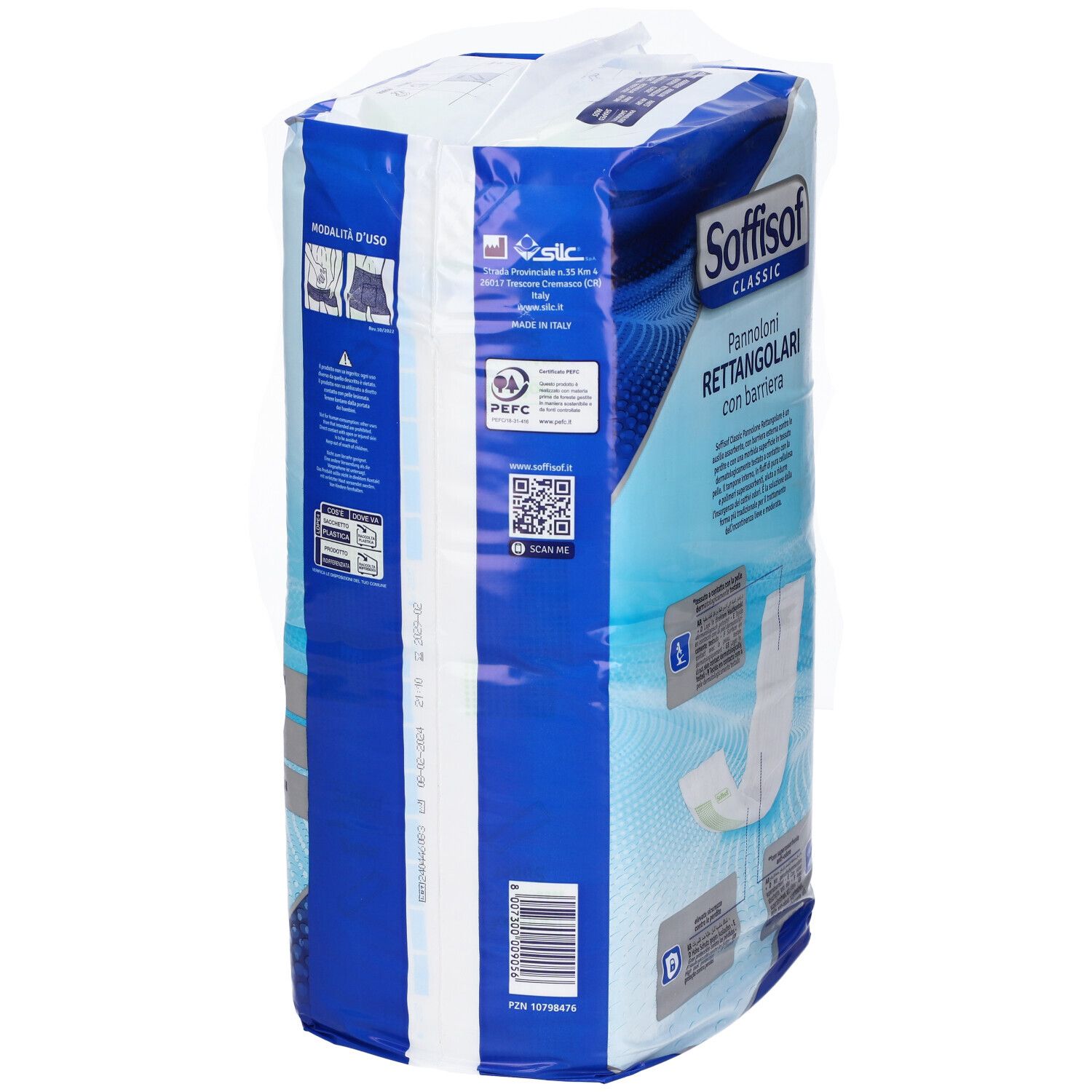 Verpackung Soffisof Classic. Panni rettangolari con barriera. Rückseite mit Informationen, QR-Code und Logo.