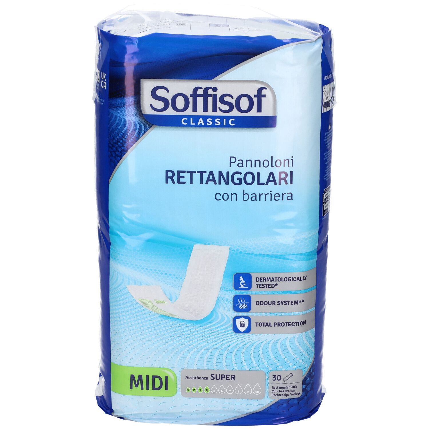 Verpackung Soffisof Classic. Panni rettangolari con barriera, Midi, 30 Stück. Dermatologisch getestet, Geruchssystem, Total Protection.