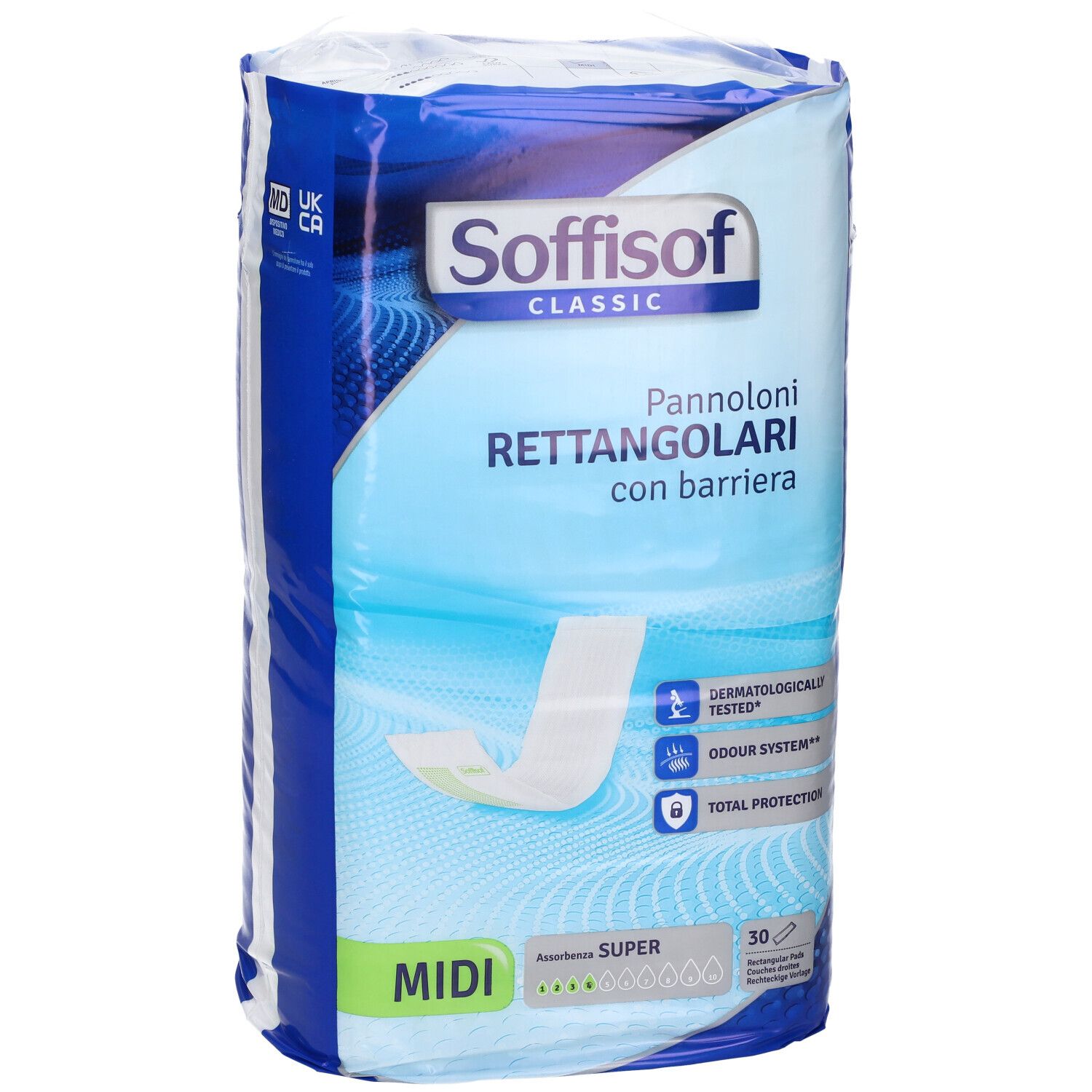 Verpackung Soffisof Classic. Panni rettangolari con barriera, Midi, 30 Stück. Dermatologisch getestet, Geruchssystem, Total Protection.