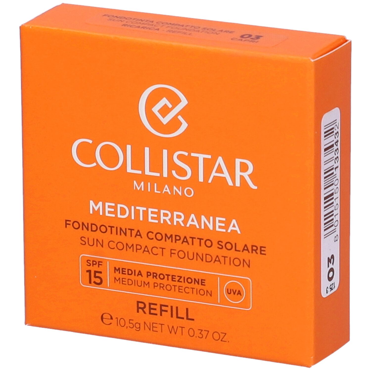 Orangefarbene Schachtel mit Produktinformationen. Marke Collistar, Produktname Mediterranea, SPF 15, Refill. Farbton 03 Capri.