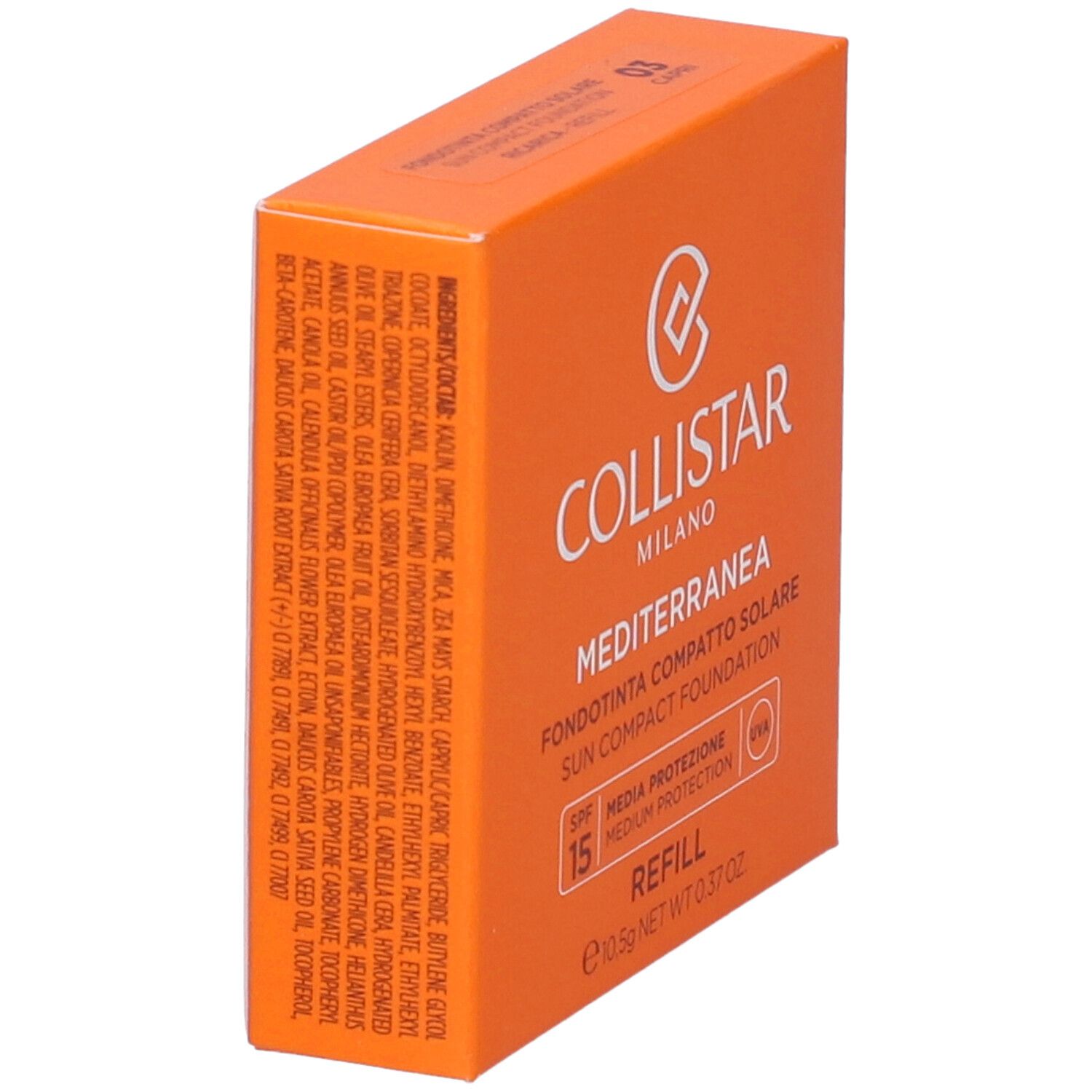 Orangefarbene Schachtel mit Produktinformationen. Marke Collistar, Produktname Mediterranea, SPF 15, Refill. Inhaltsstoffe.