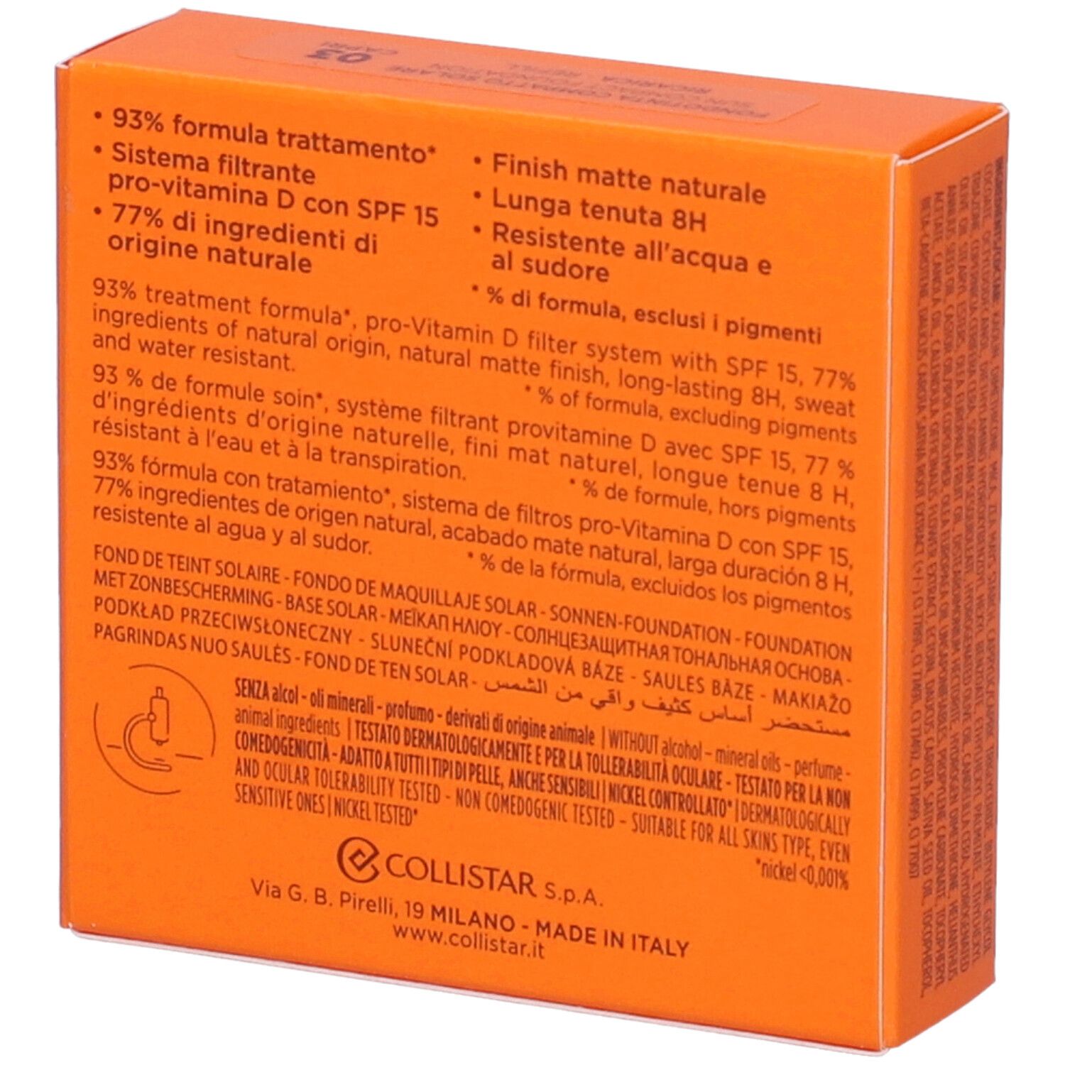 Orangefarbene Schachtel mit Produktinformationen. Text: 93% Formel, SPF 15, 77% Inhaltsstoffe natürlichen Ursprungs. Dermatologisch getestet.