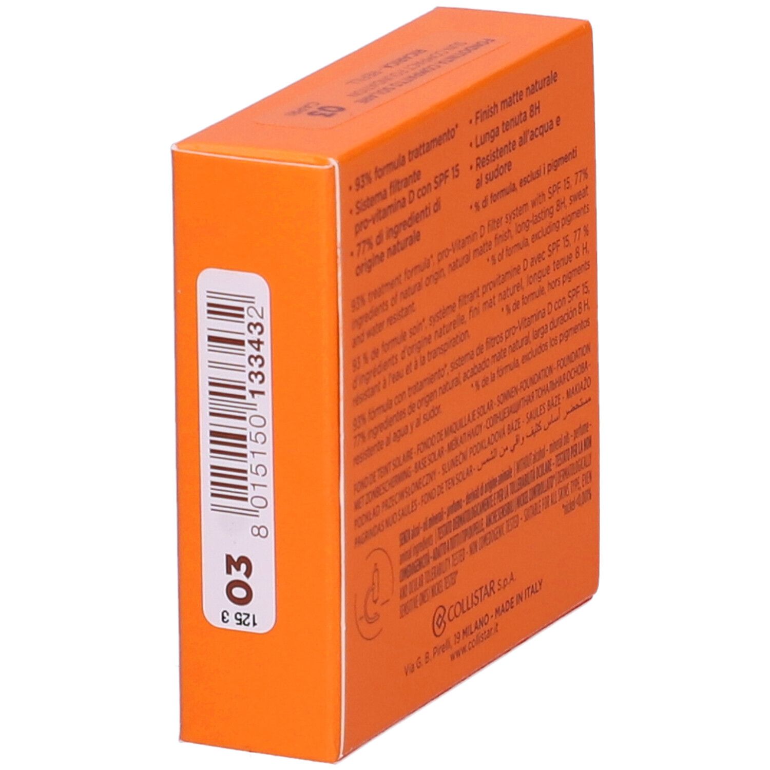 Orangefarbene Schachtel mit Produktinformationen. Barcode und Farbton 03. Marke Collistar.