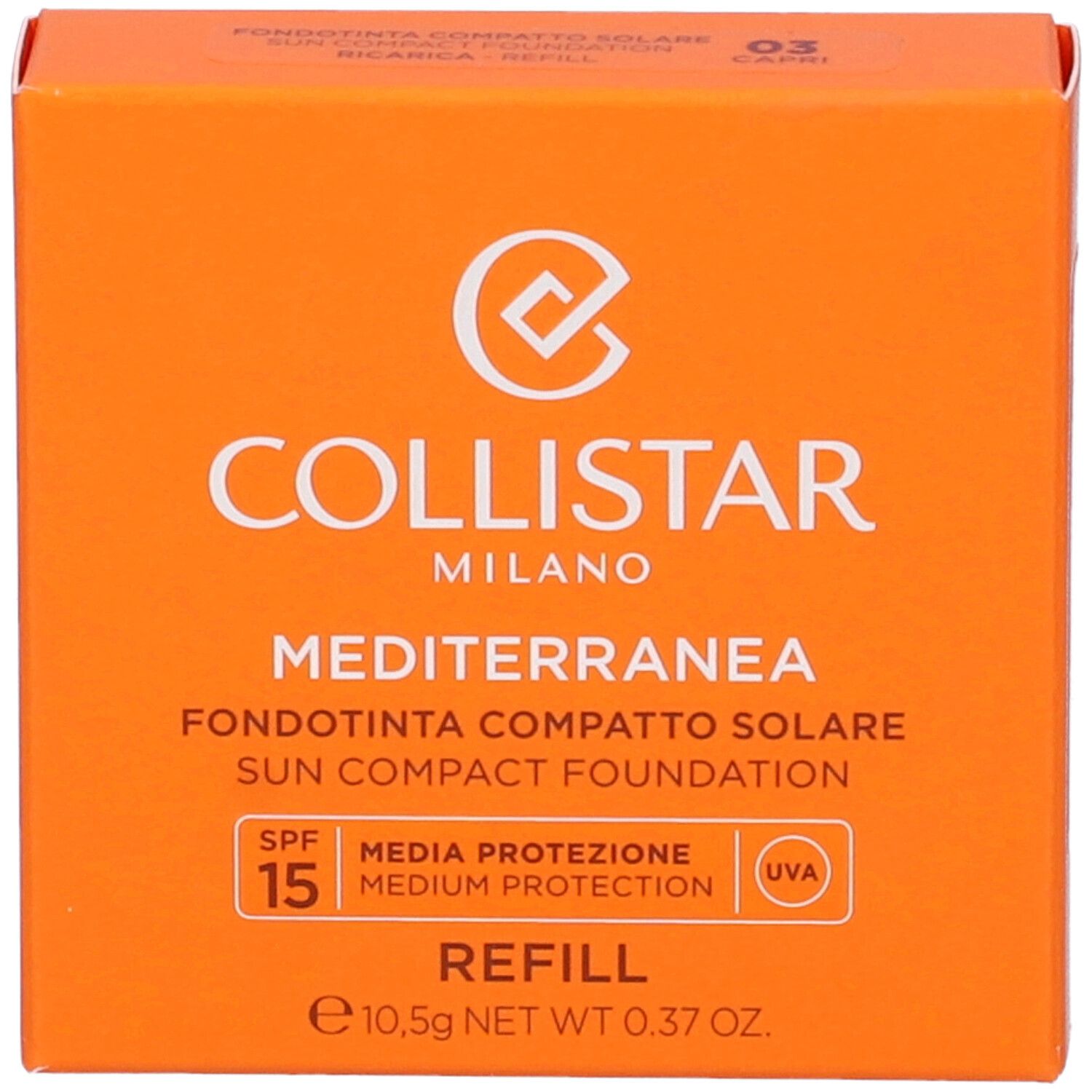 Orangefarbene Schachtel mit Produktinformationen. Marke Collistar, Produktname Mediterranea, SPF 15, Refill. Farbton 03 Capri.