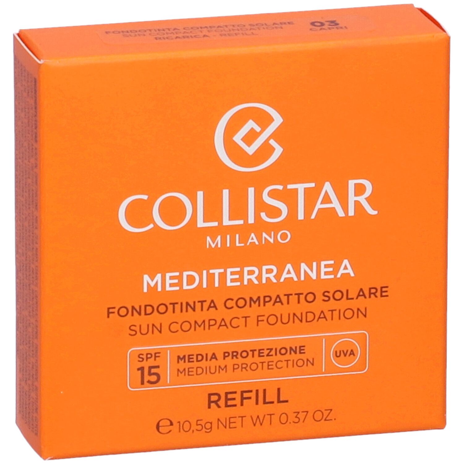Orangefarbene Schachtel mit Produktinformationen. Marke Collistar, Produktname Mediterranea, SPF 15, Refill. Farbton 03 Capri.